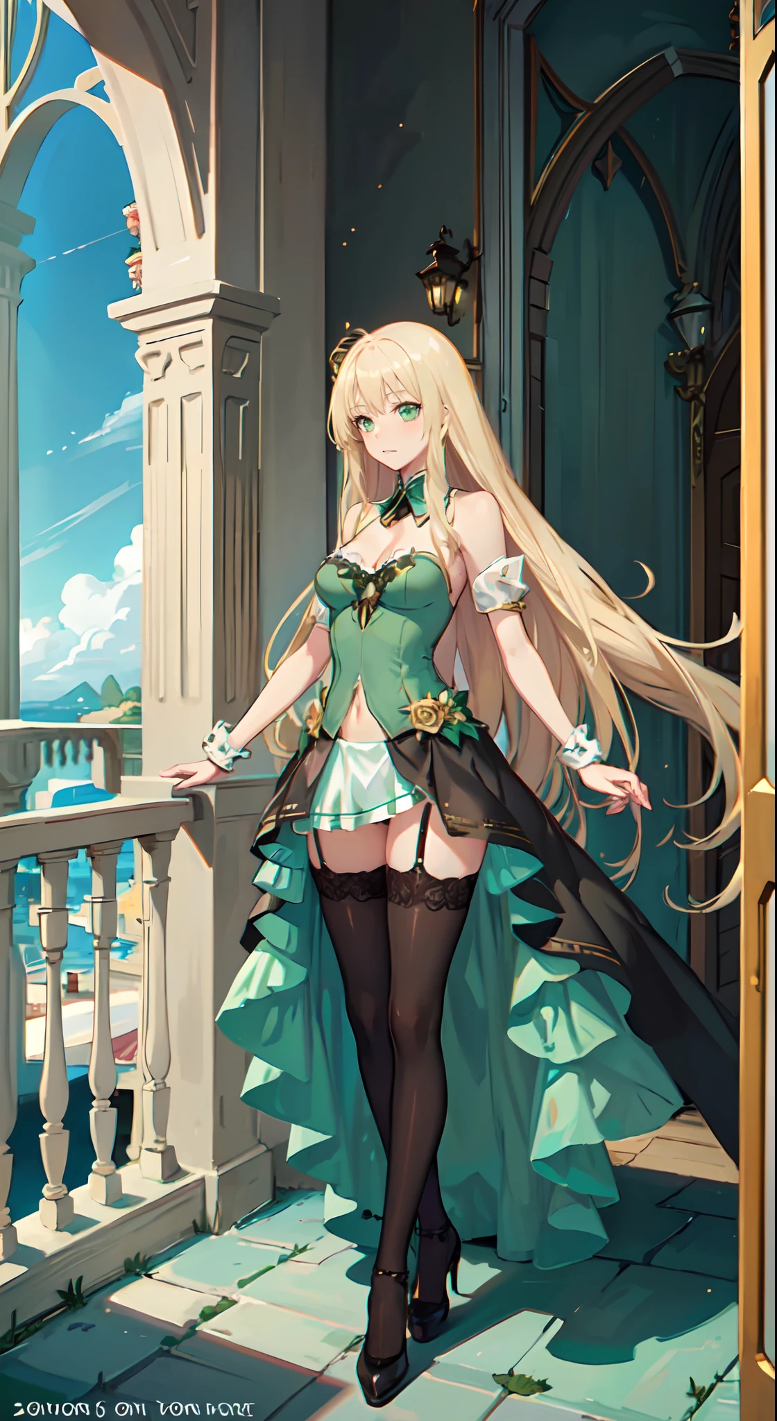 blonde hair, long hair, green eyes, green gown, short skirt, slim legs, navel, balcony, happy, cleavage