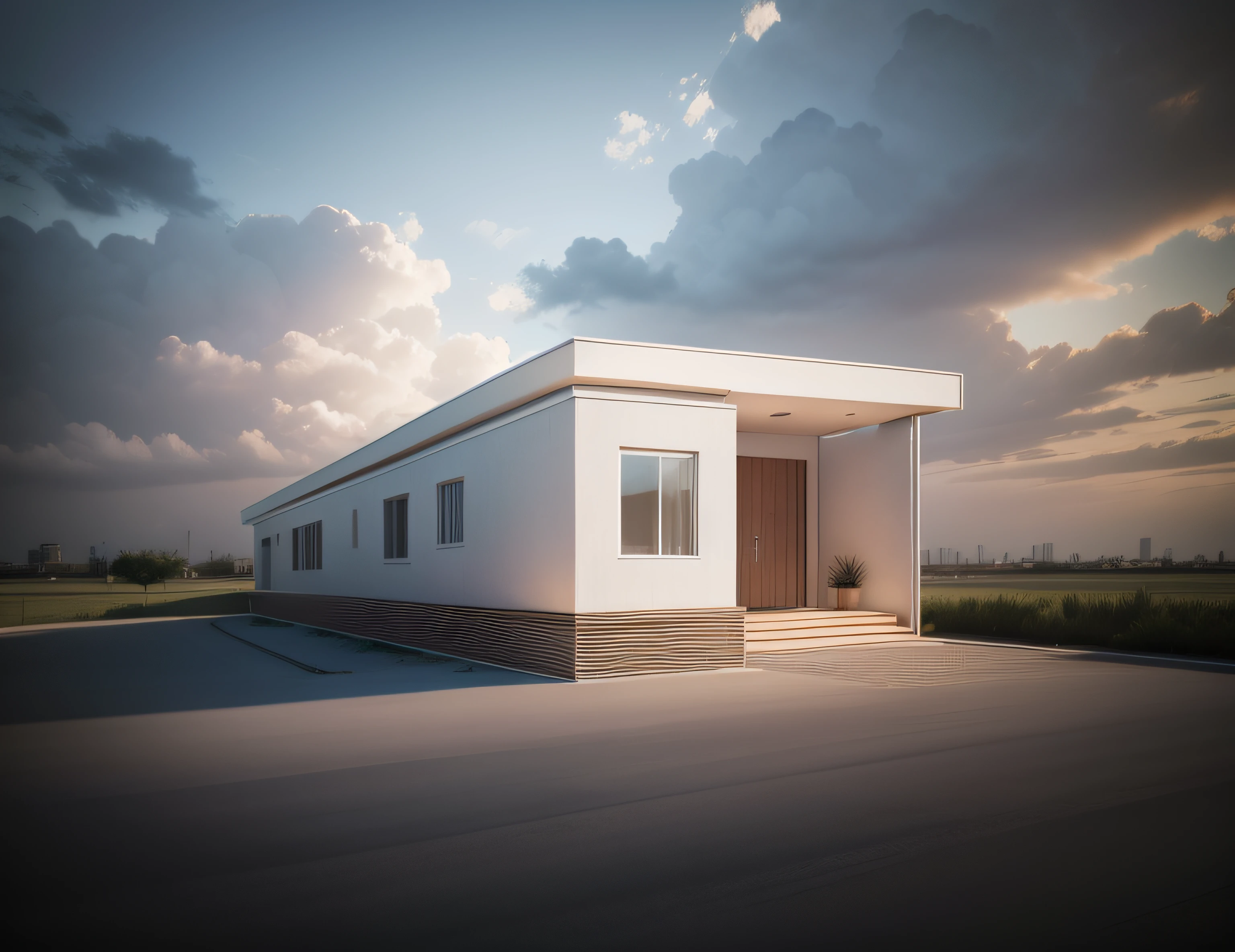 Make a modern home, which is and a mixture of exposed reinforced concrete and wood, a imagem tem que ser da fachada da casa, You can put up some trees and have it inside a condo with houses next door . Ultra realista, renderizado em formato retrato. A casa tem que ter apenas um andar e seja uma casa atemporal