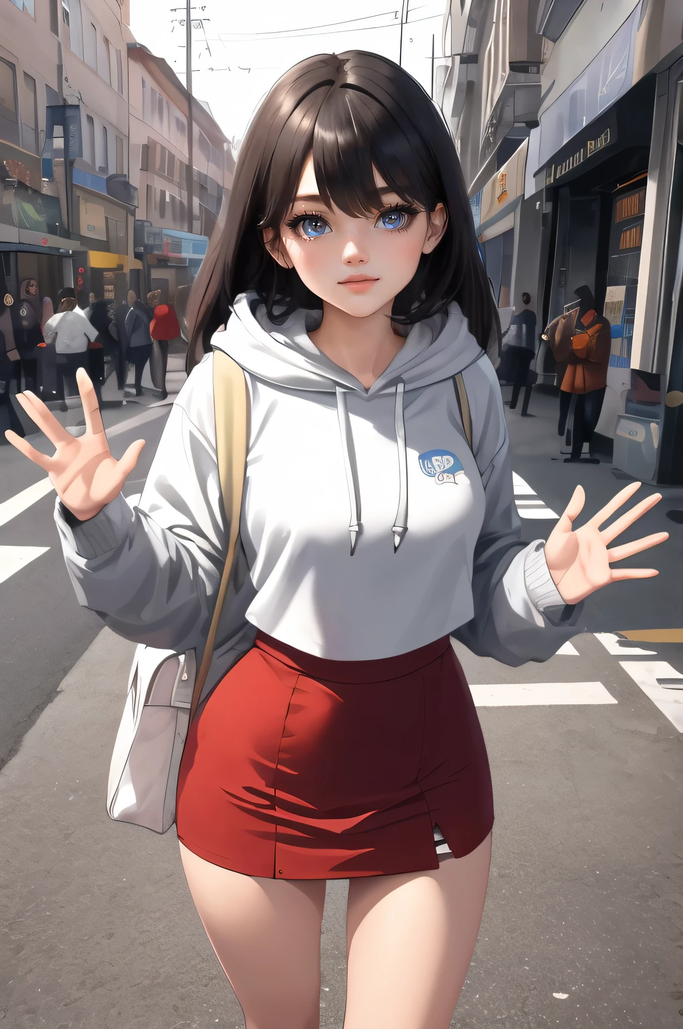 masterpiece, best quality, ultra-detailed, 1girl, perfect face, Half Body, looking at the viewers, hoodie, tight skirt