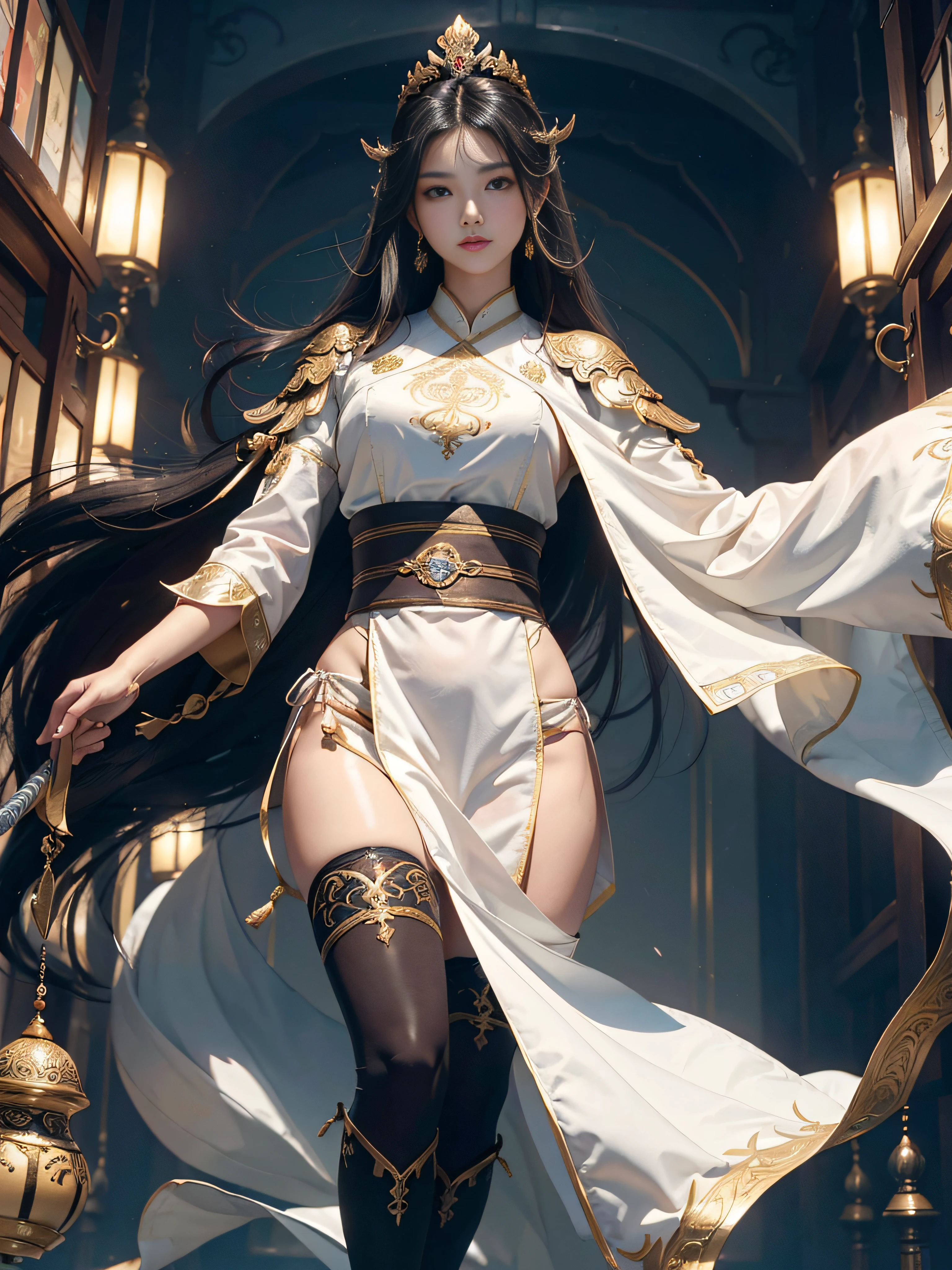 Mature older women,Royal sister,tmasterpiece,full bodyesbian,High-definition CG diagram,best qualityer,Oriental women,swordsmen,A high resolution,Absolutely beautiful,Hyper-detailing,Fine and detailed eyes and detailed face,garments:Hanfu,ancient wind,The top is a loose placket,Lower body shorts,Wearing delicate boots on his feet,Show knee-length stockings,Wear a bracelet,allure:long whitr hair,Slender eyebrows,Heroic,Wide buttock,Thick thighs,Chinese Ancient Architecture,standing on your feet,In battle,looking to the front,独奏