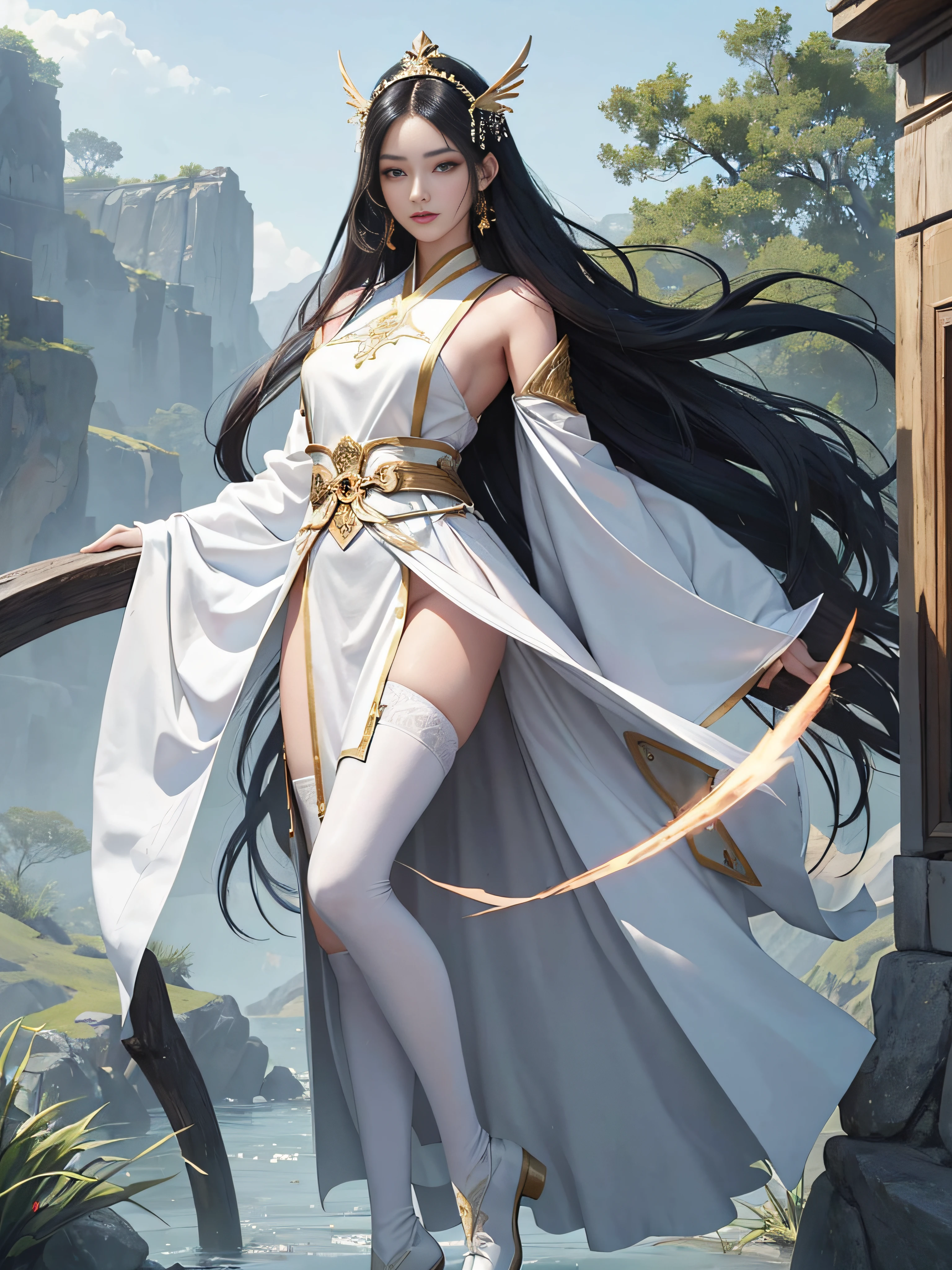 (tmasterpiece,High Picture Quality,Beautiful face,Oriental women,Eastern warriors,gallant woman,swordsmen,a matural female,Refined eye and facial details,Stand tall,Fairy-like appearance,Beautiful embryos,Light gauze like white,Cloth boots and over-the-knee stockings display,Hanfu,ancient wind,Light smoke and mist surrounds,Long black hair,Stunning beauty,Tallbody,Rich scene details,action,Wide buttock,Thick thighs)