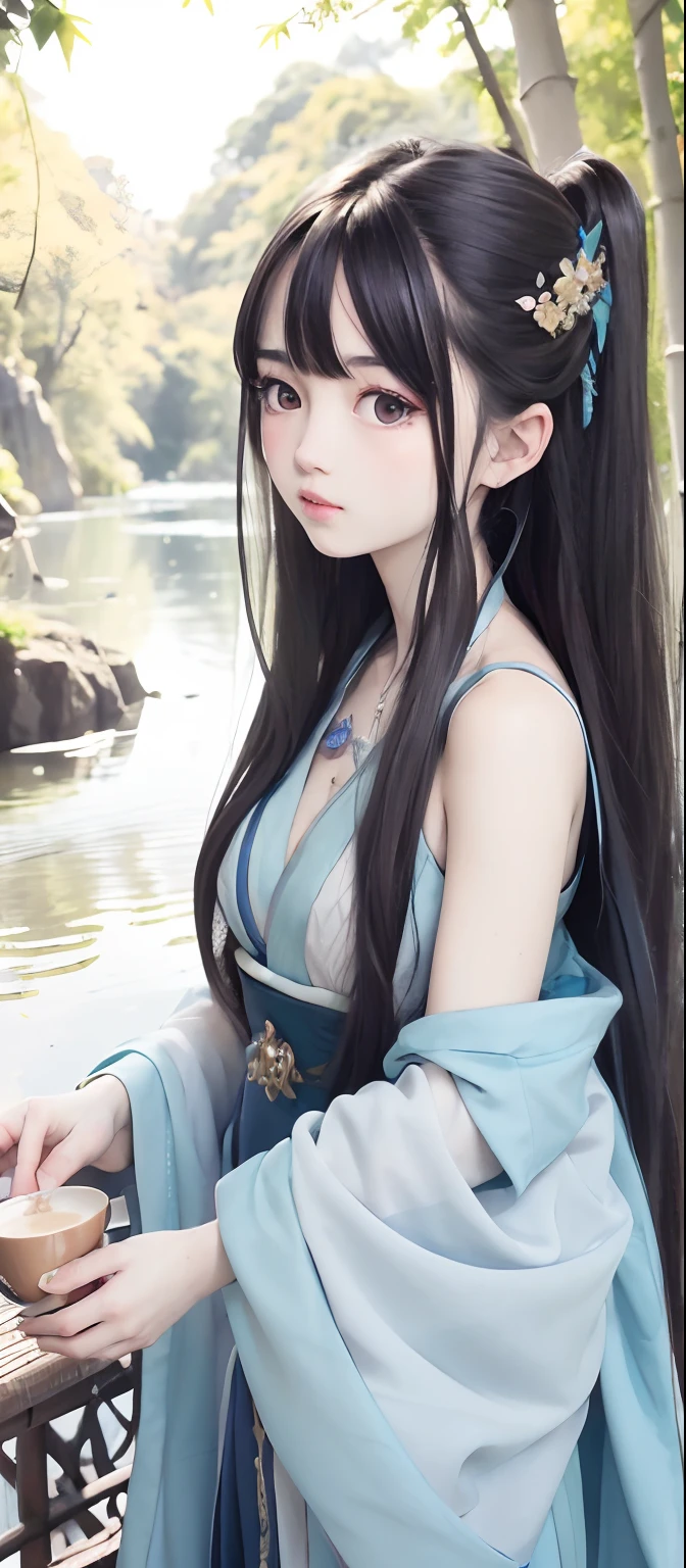 Masterpiece, top quality, official art, 8k wallpaper, highly detailed illustration, one girl, azure hair, long hair, detailed eyes, forest, bare shoulders, Hanfu, lake, pure, soft smile, bamboo, tea