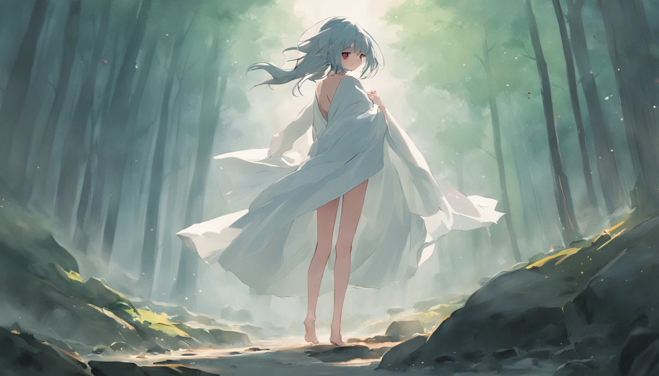 Motion blur, Depth of field，A place where strange boulders are bent，ln the forest，small stream，inverted image，extreme light，fog atmosphere，Kizi，Wearing a naked，The body is draped in a white cloth, Block only sensitive areas，Full length of colorful hair，Messy hair，Barefoot，Full body like，realskin，realcumAI，Snow-white skin，Snow-white thighs，Top image quality，Extreme light and shadow，Colorful tights，High details，Standing painting，lines of movement，Dance，komono，PC Wallpapers，Two-thirds of the canvas generates the body，move chart，