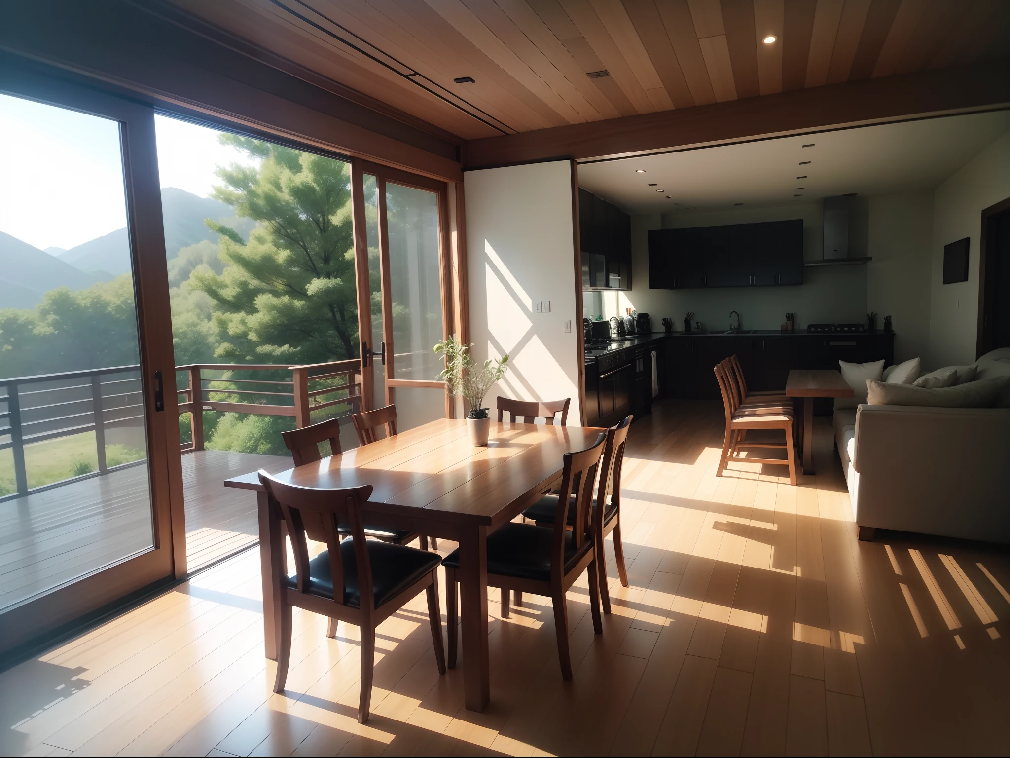 interior design、Insanely detailed wide-angle architectural photo、Cozy contemporary living room、(Bright and warm sunlight 1:0.1)、Award-winning contemporary interior design、landscapes、The table、a chair、in a house、Wooden flooring、window、resturant、east asian east asian architecture、sliding paper doors、abajour、architectural、the woods、naturey、cups、a plant、interior design、Insert lighting and shadows、depth of fields、low illuminance