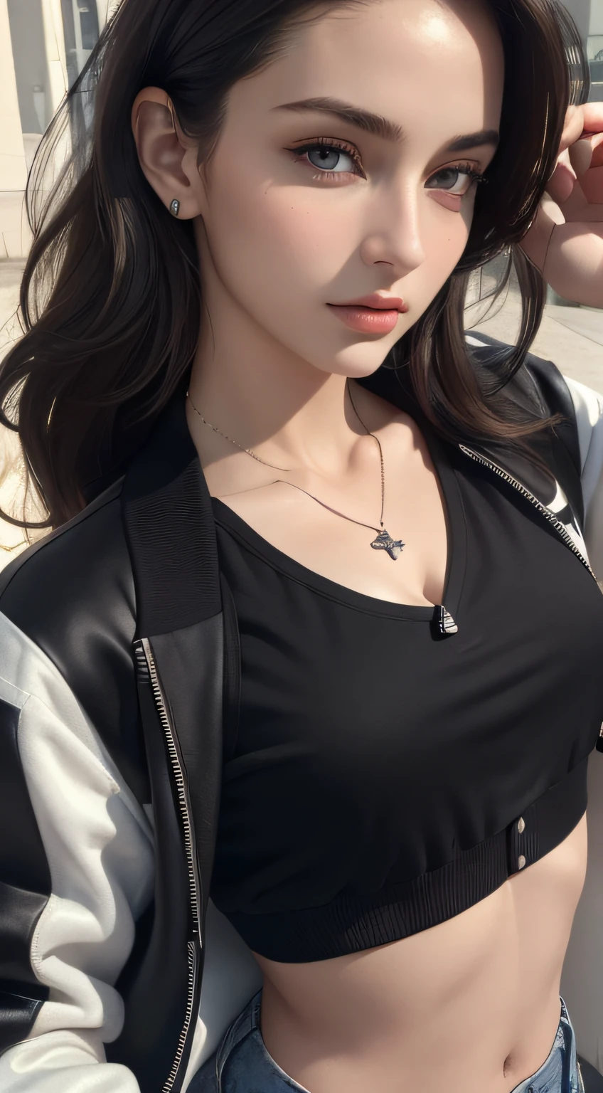 (Masterpiece, best quality, photorealistic, highres, photography, :1.3), close-up shot, sharp focus, 1 brunette girl, European girl, hot model, midriff, highly detailed eyes and pupils, realistic skin, slim body shape, perfect body, cleavage, extremely detailed hair, delicate sexy face, sensual gaze, shiny lips, ((wearing opened varsity jacket with cropped black camisole, wearing pendant)), outdoor, ((realistic, super realistic, realism, realistic detail))