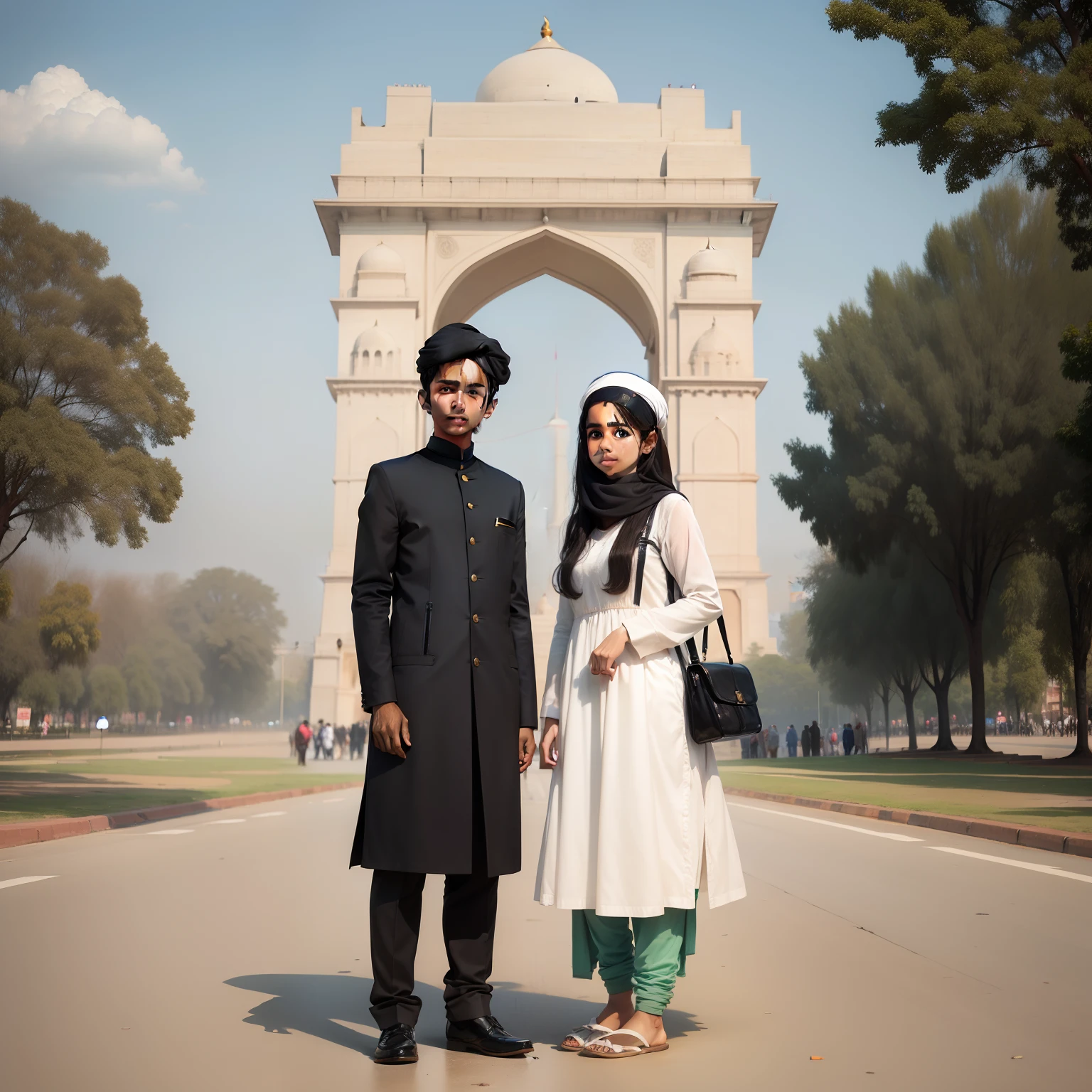 India gate standing a cute Muslim boy and girl
