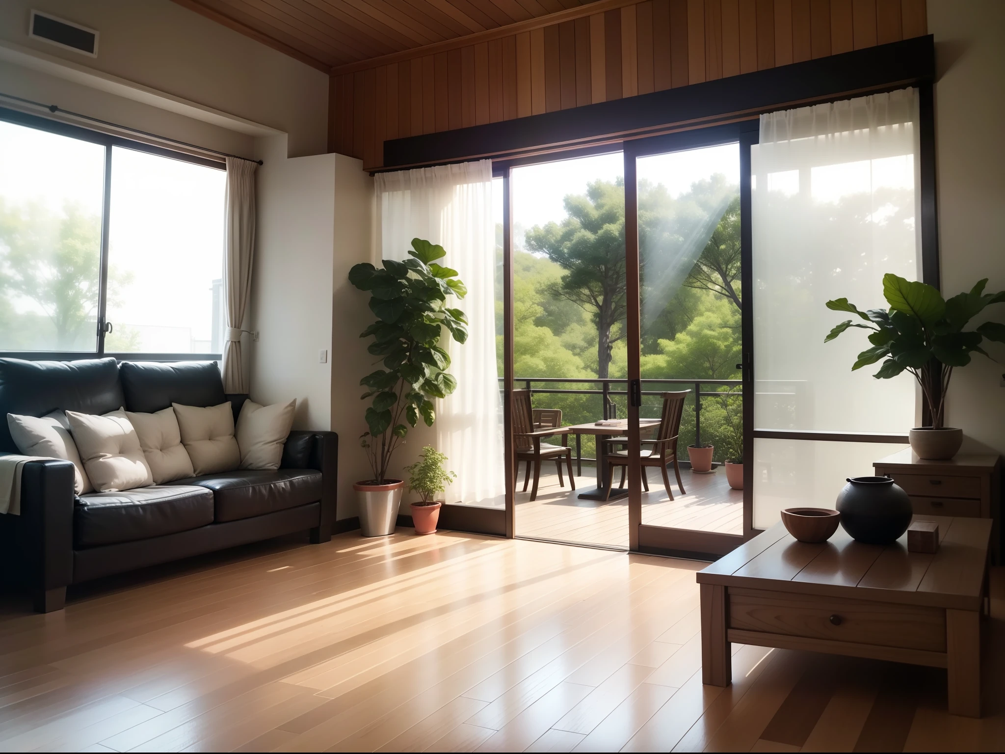 interior design、Insanely detailed wide-angle architectural photo、Cozy contemporary living room、(Bright and warm sunlight 1:0.1)、Award-winning contemporary interior design、landscapes、The table、a chair、in a house、Wooden flooring、window、resturant、east asian east asian architecture、sliding paper doors、abajour、architectural、the woods、naturey、cups、a plant、interior design、Insert lighting and shadows、depth of fields、low illuminance