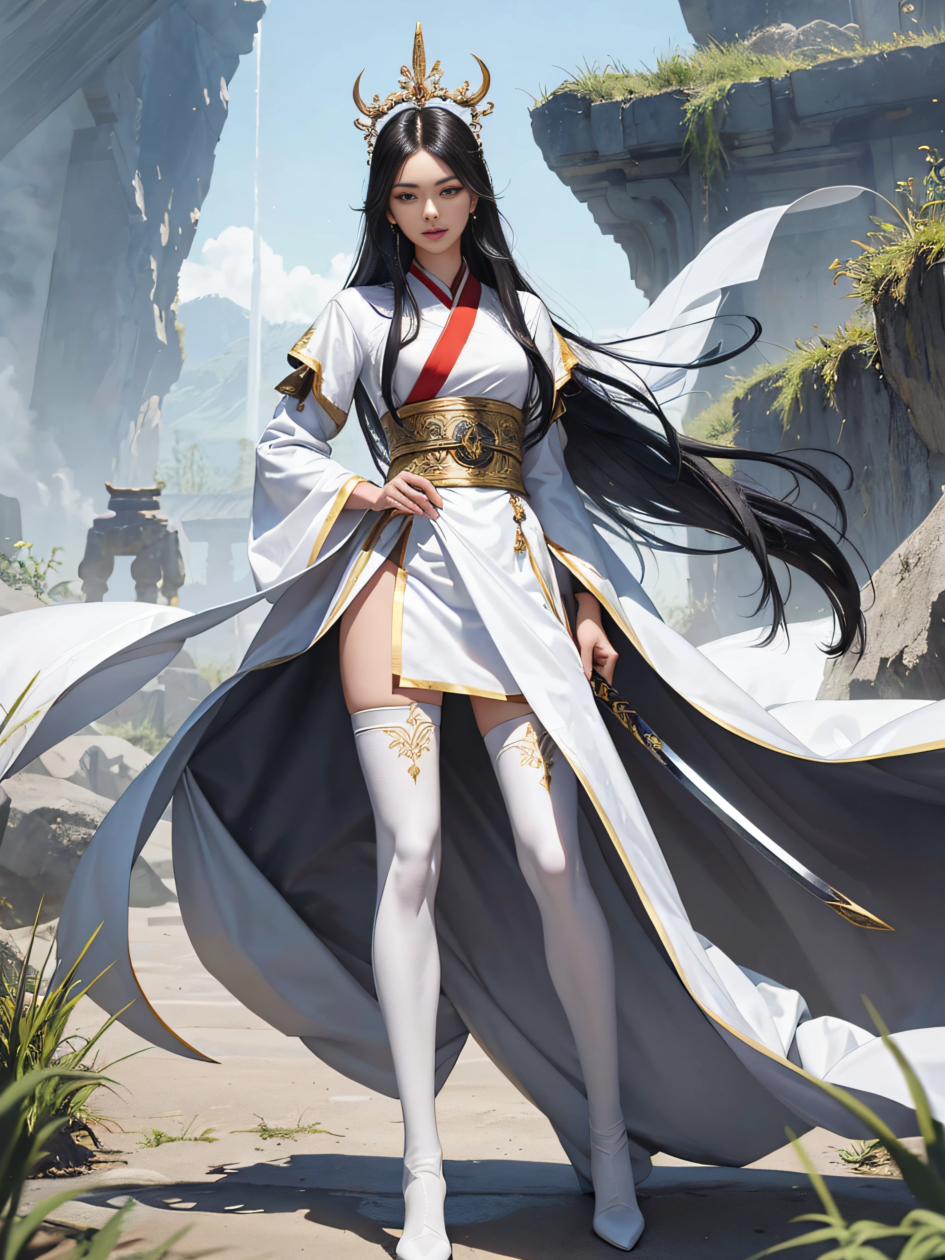 (tmasterpiece,High Picture Quality,Beautiful face,Oriental women,Eastern warriors,gallant woman,swordsmen,a matural female,Refined eye and facial details,Stand tall,Fairy-like appearance,Beautiful embryos,Light gauze like white,Cloth boots and over-the-knee stockings display,Hanfu,ancient wind,Light smoke and mist surrounds,Long black hair,Stunning beauty,Tallbody,Rich scene details,action,Wide buttock,Thick thighs)