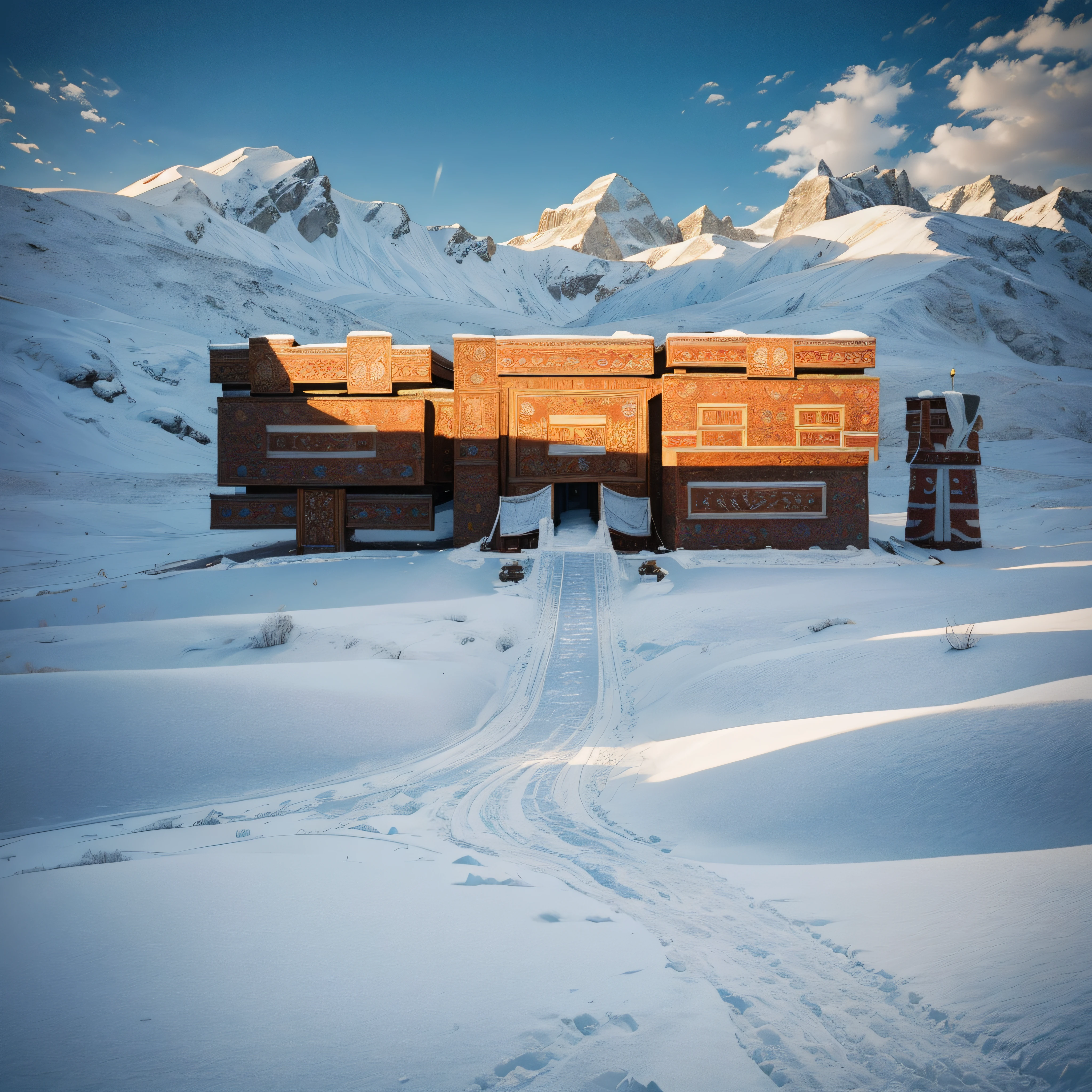 flock,yurts,White snow,Snowy steppe,totem,tmasterpiece,Mongolian architectural motifs,tmasterpiece,Best quality,ultra - detailed。