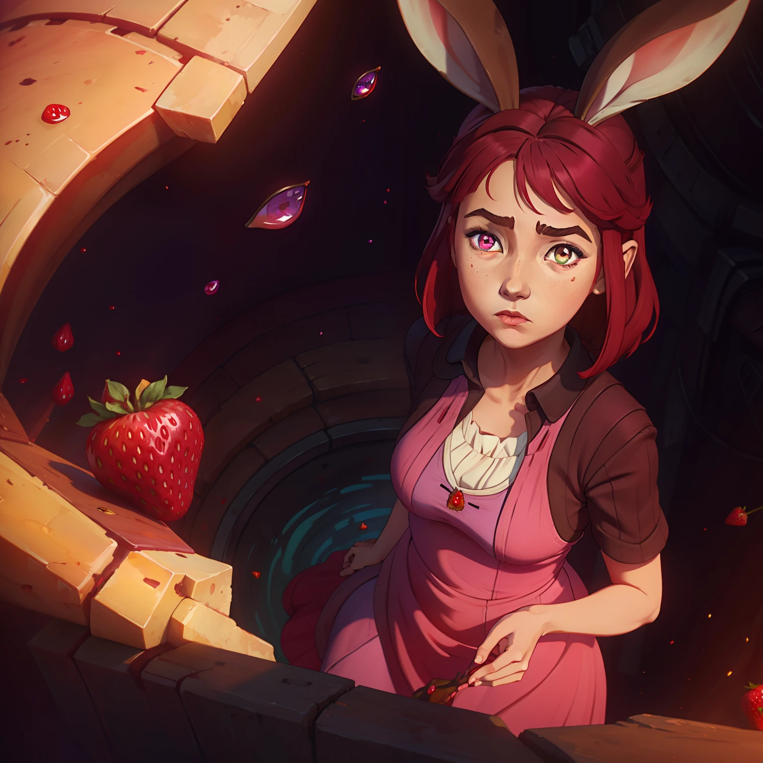 Short chubby young adult female with heterochromia one amber eye, one blue eye, wearing pink dress with strawberries on it, has flowing brown hair, has bunny ears, solo, alone