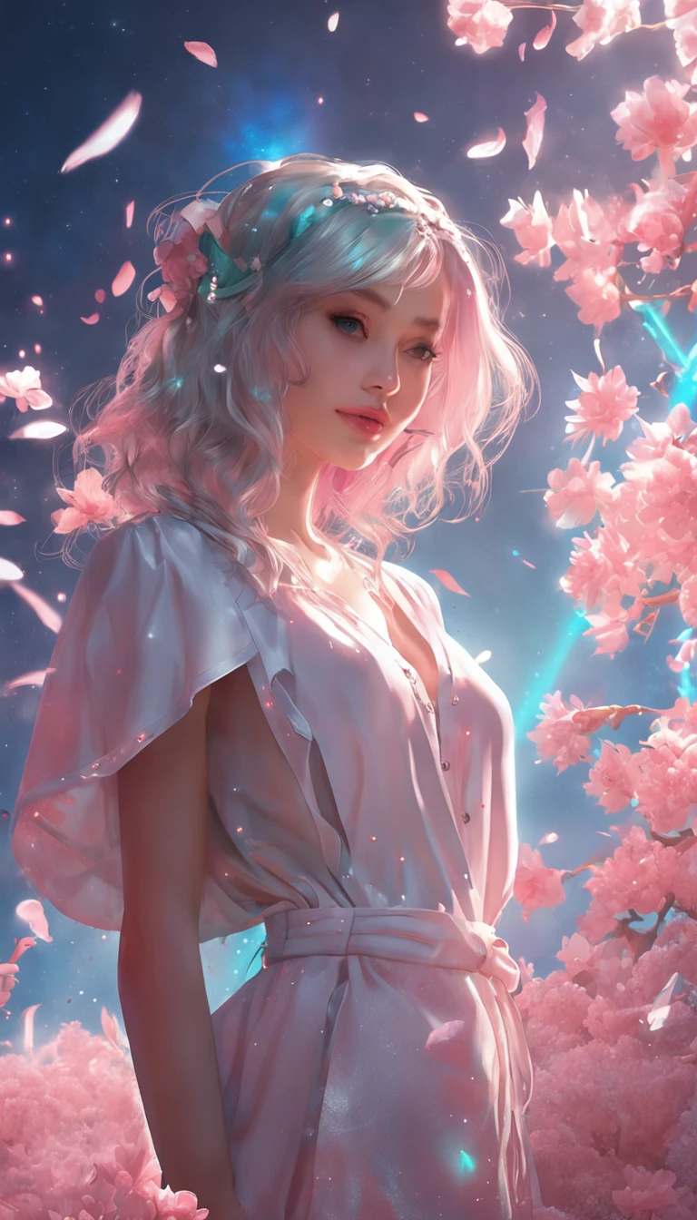 (best qualtiy，tmasterpiece), Beautiful  girl, Beautiful goddess, Sexy goddess, ((The shirt, short  skirt, Floral)), Beautiful hair accessories, Pear, Detailed scenes, the night, starrysky, cold light, (in pink, white colors, cyan colors), ((from side)), ((full body)), ((realistic))