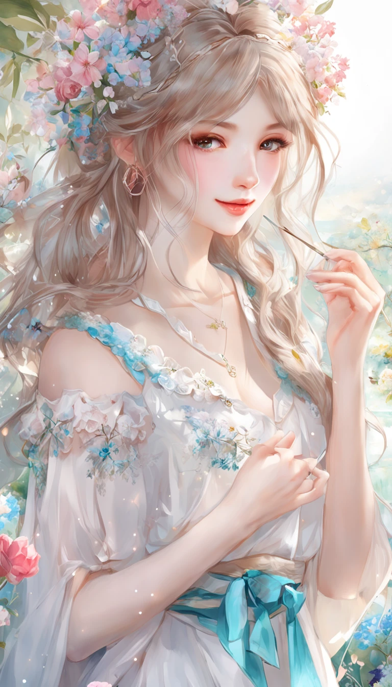 (best qualtiy，tmasterpiece), Beautiful teenage girl, Beautiful goddess, Sexy goddess, ((The shirt, short  skirt, Floral)), Beautiful hair accessories, Pear, Detailed scenes, the night, starrysky, cold light, (in pink, white colors, cyan colors), ((from side)), ((full body)), ((realistic))
