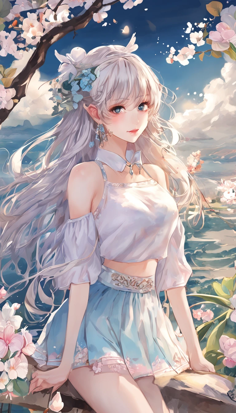 (best qualtiy，tmasterpiece), Beautiful  girl, Beautiful goddess, Sexy goddess, ((The shirt, short  skirt, Floral)), Beautiful hair accessories, Pear, Detailed scenes, the night, starrysky, cold light, (in pink, white colors, cyan colors), ((from side)), ((full body)), ((realistic))
