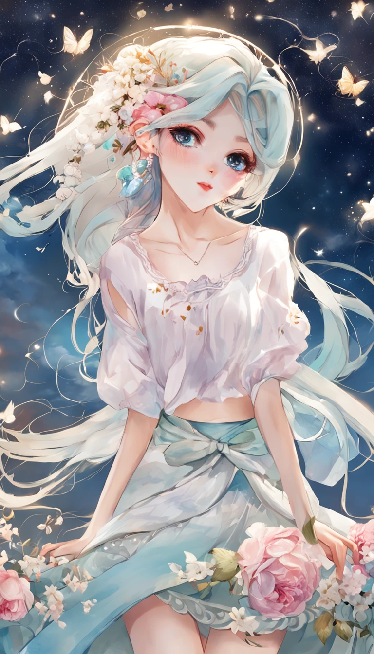(best qualtiy,tmasterpiece), Beautiful teenage girl, Beautiful goddess, Sexy goddess, ((The shirt, short skirt, Floral)), Beautiful hair accessories, Pear, Detailed scenes, the night, starrysky, cold light, (in pink, white colors, cyan colors), ((from side)), ((full body)), ((realistic))