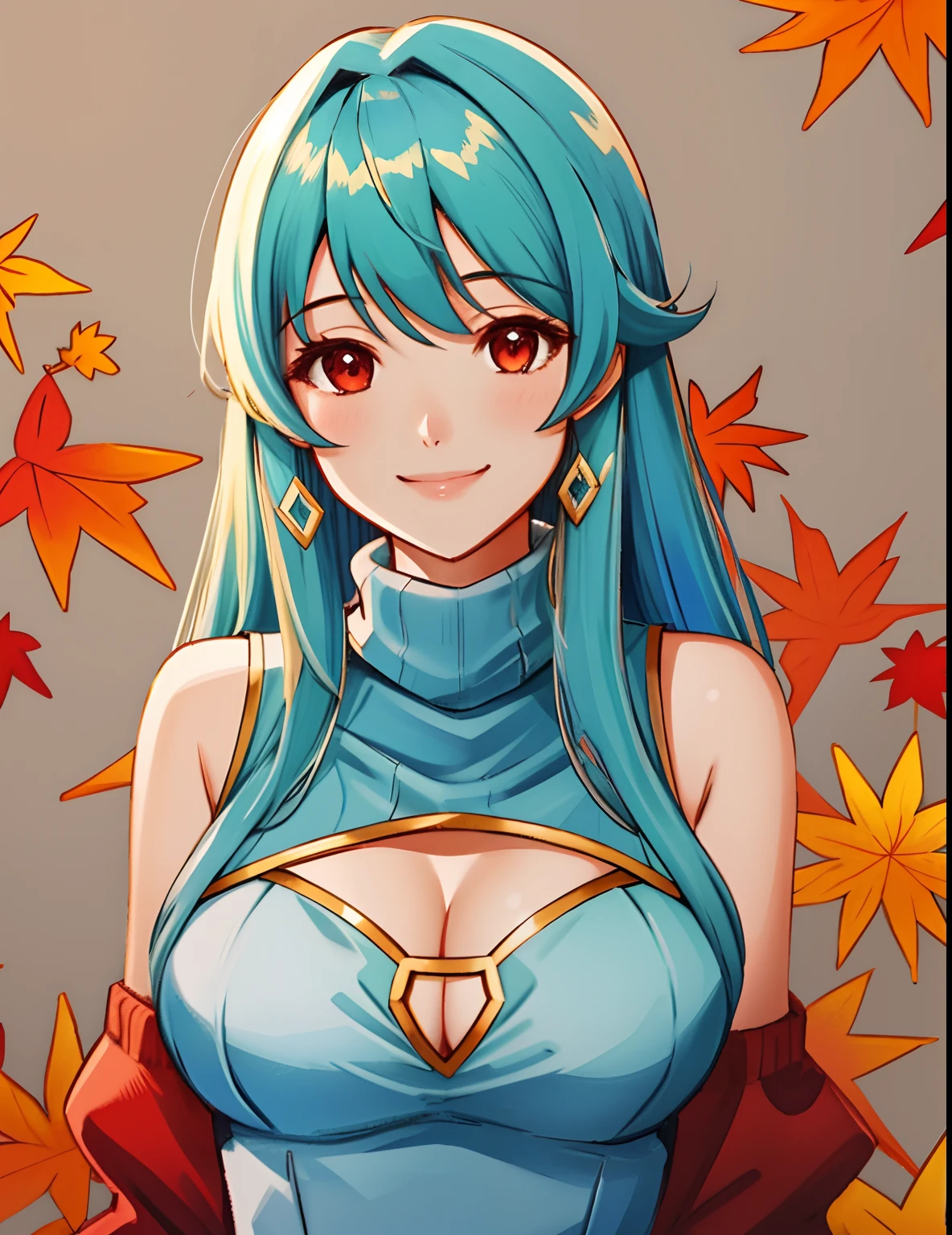 ninian fe, 1girll, Solo, Autumn, Smile, Sweater, Turtleneck, cleavage cutout, Upper body, Red eyes