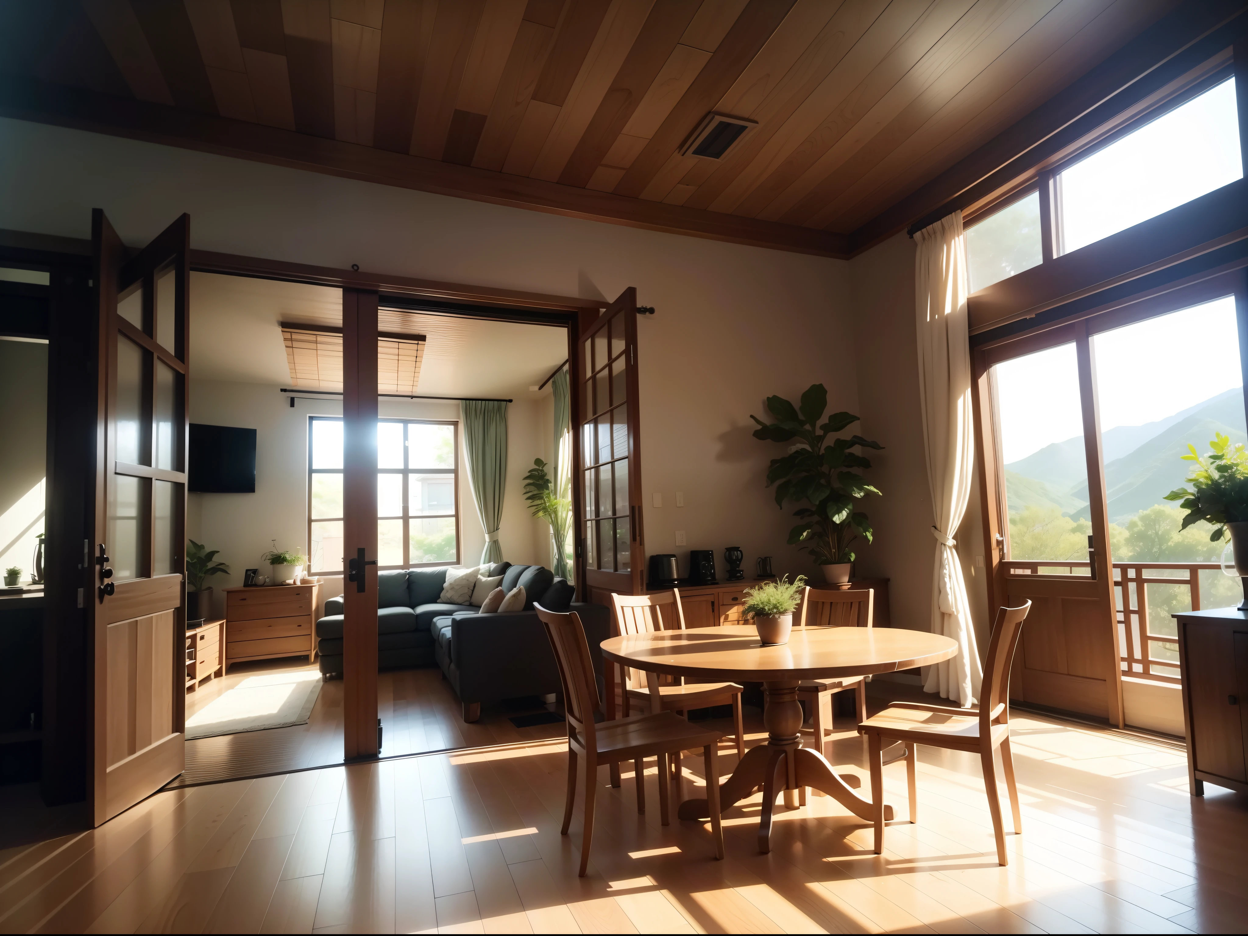 interior design、Insanely detailed wide-angle architectural photo、Cozy contemporary living room、(Bright and warm sunlight 1:0.1)、Award-winning contemporary interior design、landscapes、The table、a chair、in a house、Wooden flooring、window、resturant、east asian east asian architecture、sliding paper doors、abajour、architectural、the woods、naturey、cups、a plant、interior design、Insert lighting and shadows、depth of fields、low illuminance