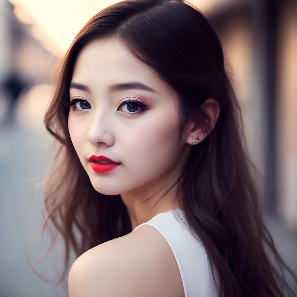 Urban Beautiful Girl College Student,tmasterpiece,Light makeup,Redlip,Silvery hair,Messy long hair,streets background,gracefulness,Elegance。ultra fine detailed,Works of masters,Authentic texture,Cinematic lighting realism,perfect works,8K,k hd,Delicate facial features,Slim figure,Big bright eyes,Smooth skin,