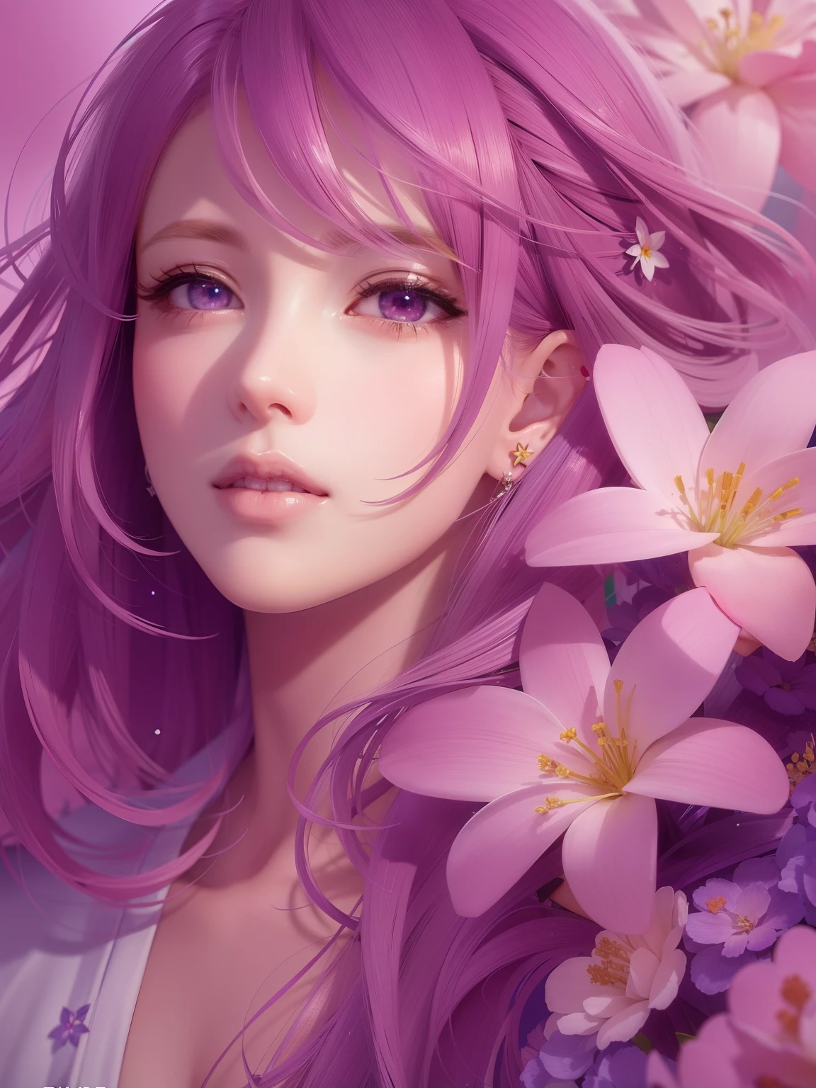 Woman with purple hair and blue eyes with flowers in the foreground, Detailed Digital Anime Art, 🌺 cgsociety, anime style 4 k, Beautiful Anime Portrait, deviantart artstation cgscosiety, anime art wallpaper 4k, anime art wallpaper 4k, Stunning anime face portrait, realistic anime art style, 8k high quality detailed art, Anime style. 8K