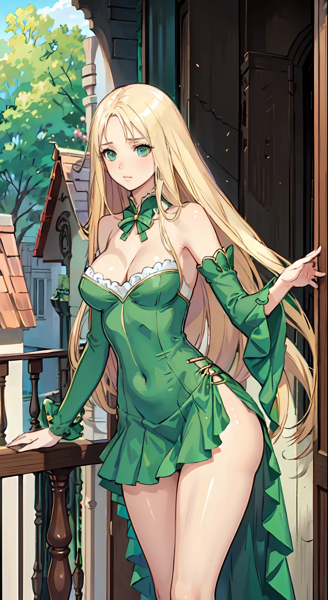 blonde hair, long hair, green eyes, green gown, short skirt, slim legs, navel, balcony, shacking, cleavage, bend over, blank eyes, thigh high socks