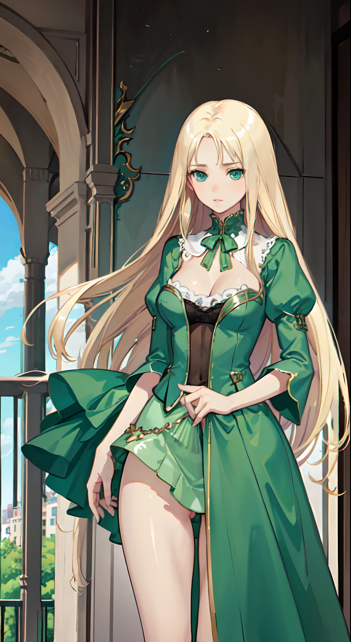 blonde hair, long hair, green eyes, green gown, short skirt, slim legs, navel, balcony, shacking, cleavage, bend over, blank eyes, thigh high socks