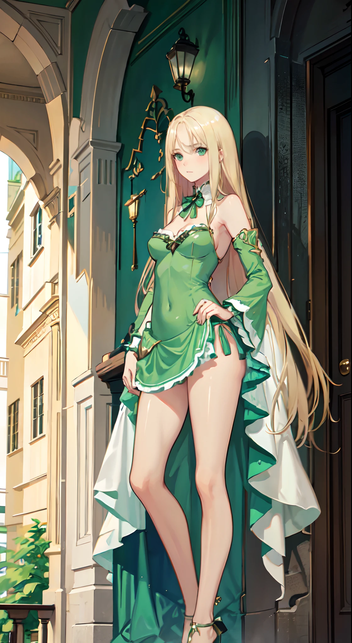 blonde hair, long hair, green eyes, green gown, short skirt, slim legs, navel, balcony, shacking, cleavage, bend over, blank eyes, thigh high socks