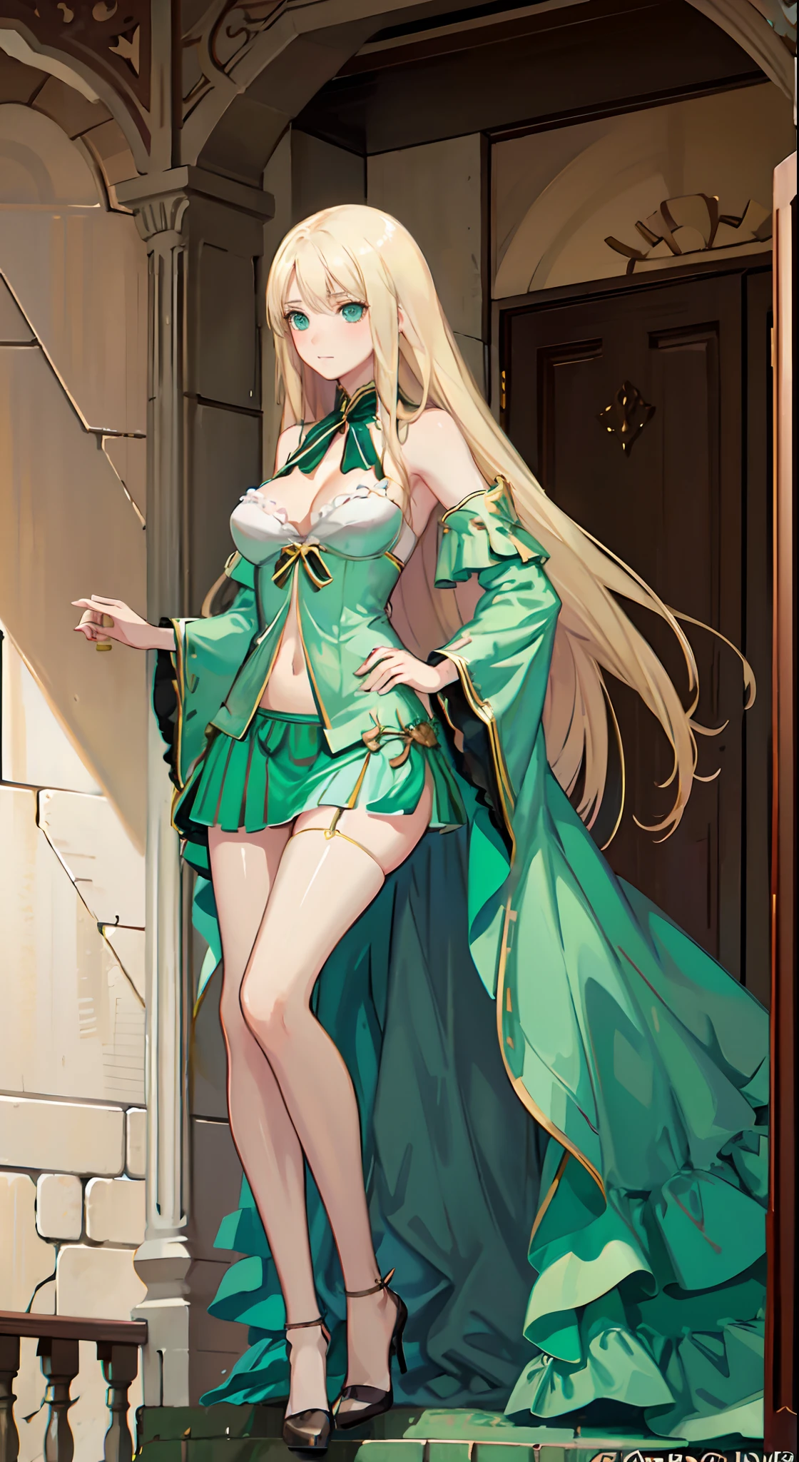 blonde hair, long hair, green eyes, green gown, short skirt, slim legs, navel, balcony, shacking, cleavage, bend over, blank eyes, thigh high socks