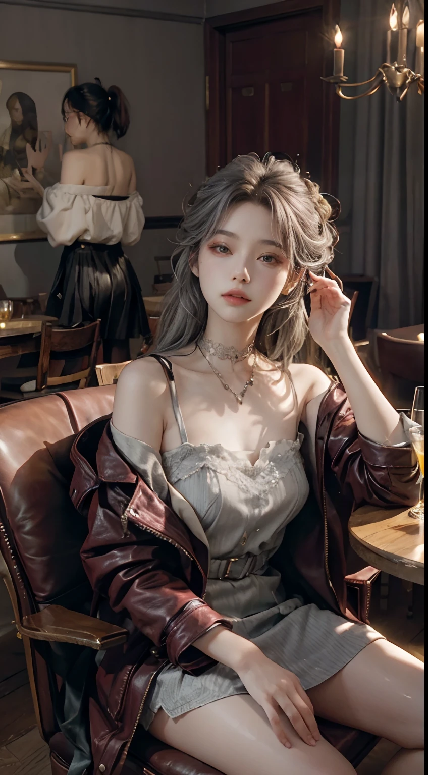 Look up,demi-corps,OriginalPhoto,At the empty table,Drink lemon juice,Burgundy leather coat,Exposed shoulder,silverlong hair,Gray lace,Gray hair