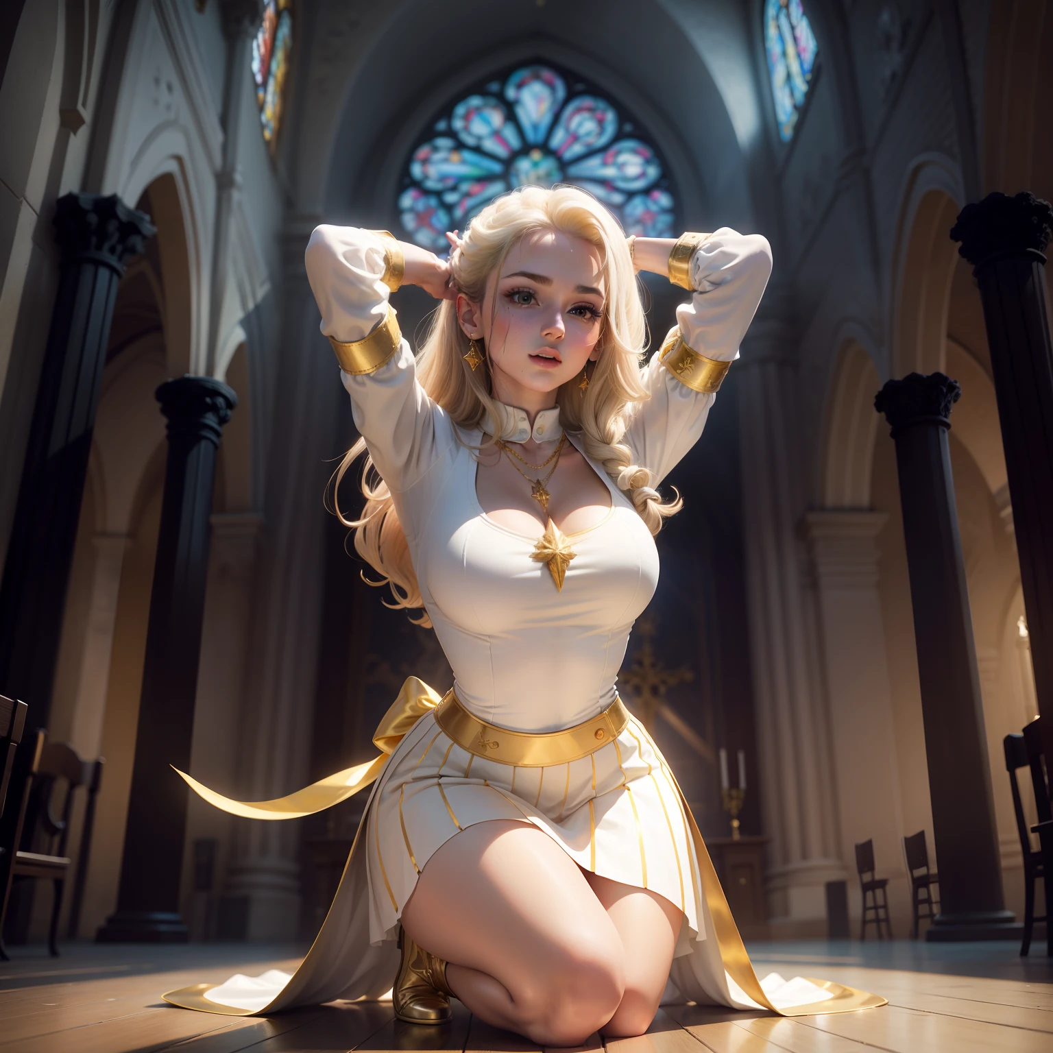 9(((masutepiece:1.35))), 8K highres, { Physically-based rendering | White and Vivid colors | Zoom Layer }, { (((Photorealistic:1.37)))| (F/4.0, canon) }, (Detailed glistening skin), Detailed face and eyes, { ((Beautiful bride goddess))|(Brilliant Red shiny Ruby accessories)| Delicate white lace knitted see-through wedding dresses | Flowers | Floating hair| Random hair color | Blonde hair }, { (Mystical sight) | God rays |((colorful Light shines through stained glass:1.2)) }, { Gigantic Cleavage:1.37 | Overflowing | Biomechanical HUGE and HEAVY boob | Underboob |(Navel)| Bleeding from pussy | Dripping blood from crotch | (Blood stained crotch) | Menses | Ass focus }, { (Praying) | Hidden hands | (Feminine hands) | White elbow_gloves | no Dutch angle }, (((no extra limbs:1.5, correct limbs:1.4, correct anatomy)))