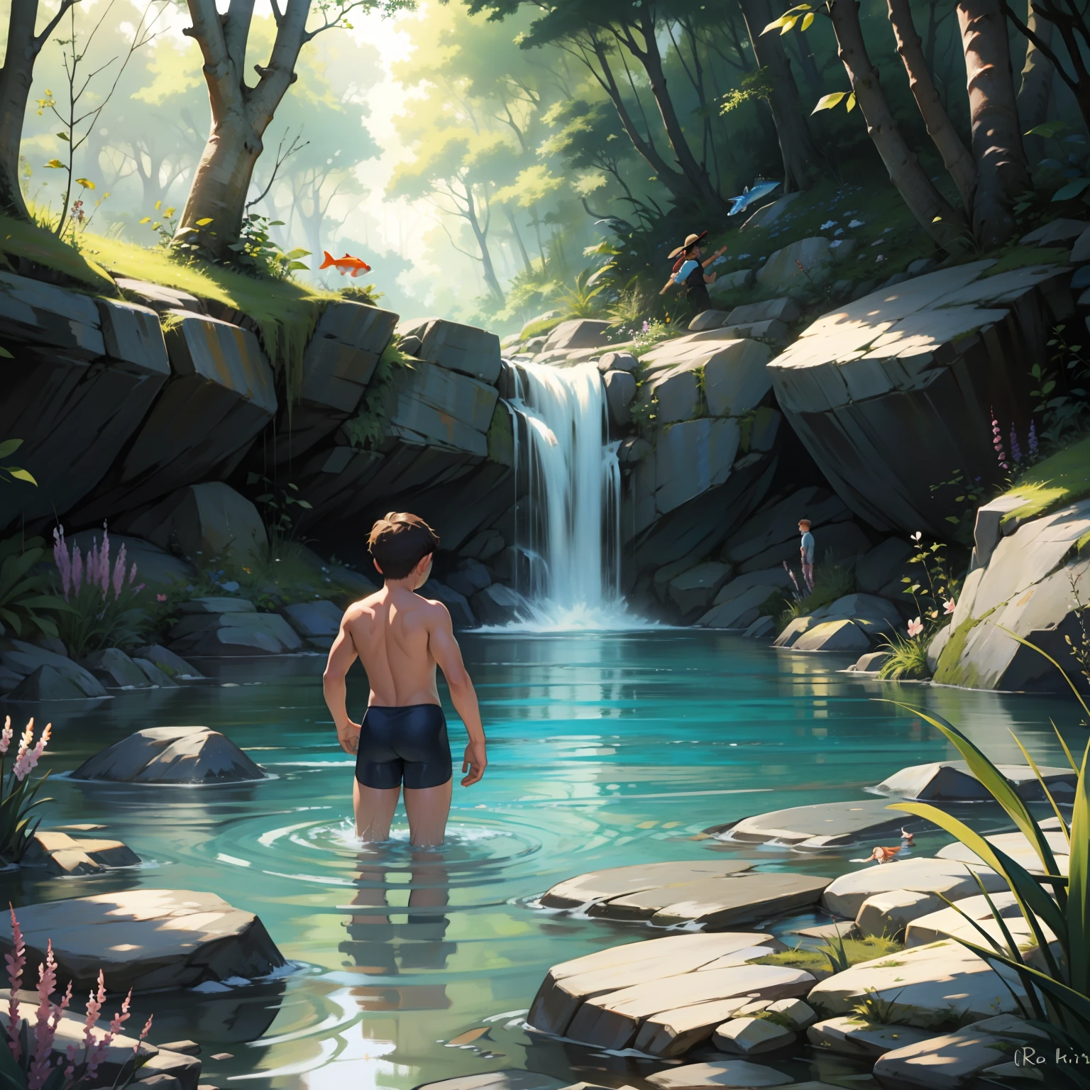Two boys swimming，Spring water，Small fish