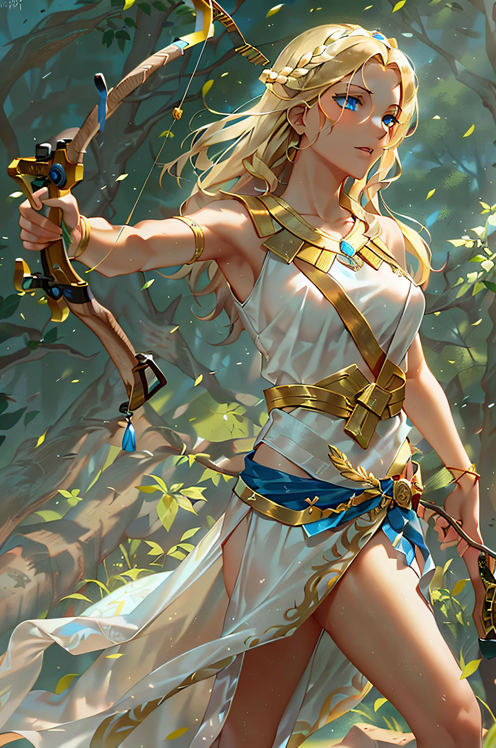 Young virgin goddess of wild nature and hunting, with (((Blonde hair))) And (((Blue eyes))), Amazingly beautiful, is fair-skinned, slender and tall, Show off her perfect pair of long legs, wears {sleeveless, (Very short: 1.7), (white:1.5), Greek chitons, With golden border}, Abs, "Looks strict and determined", What's on ((Golden bow)), Running and chasing prey, archery, Mythical Arcadian mountains and forests, Greek mythology, vibrant and lively atmosphere, Hyper-Realism, ultra-quality, Super Detail, ultra accurate description of hand, masutepiece, 8K, nffsw