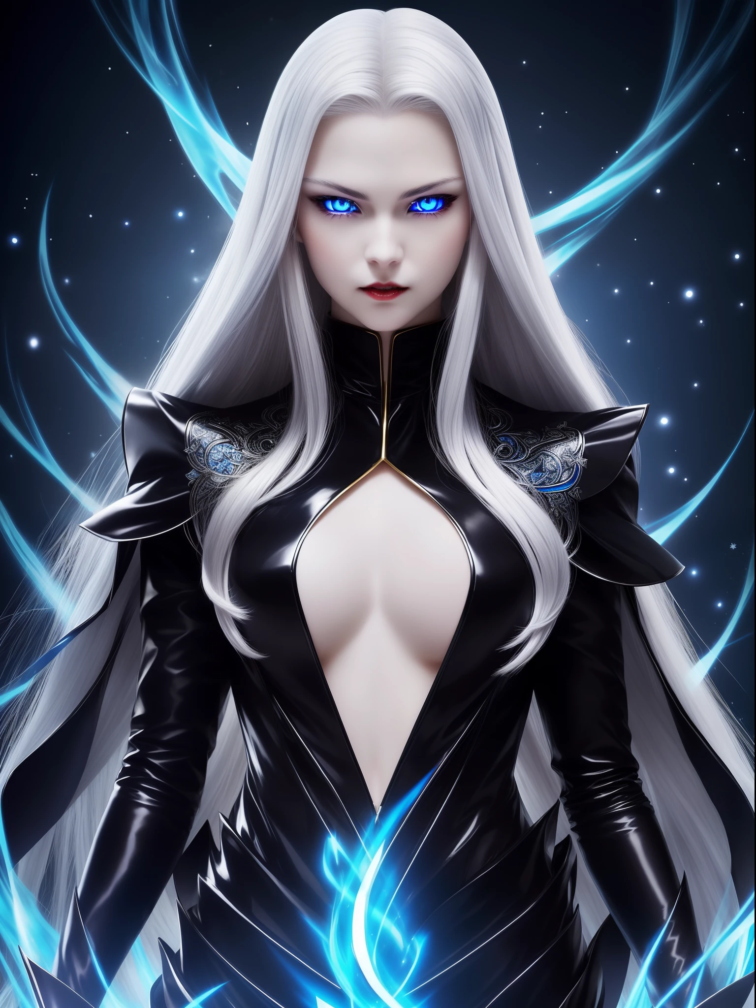 (Vampire、(Fair skin)、(Snow-white skin)、Silver hair long hair、(Blue glowing eyes)、Blue Pupils、Golden Eyes、ruthless look、Jet black dress、Beautiful figure、Perfect Style)、blue flames