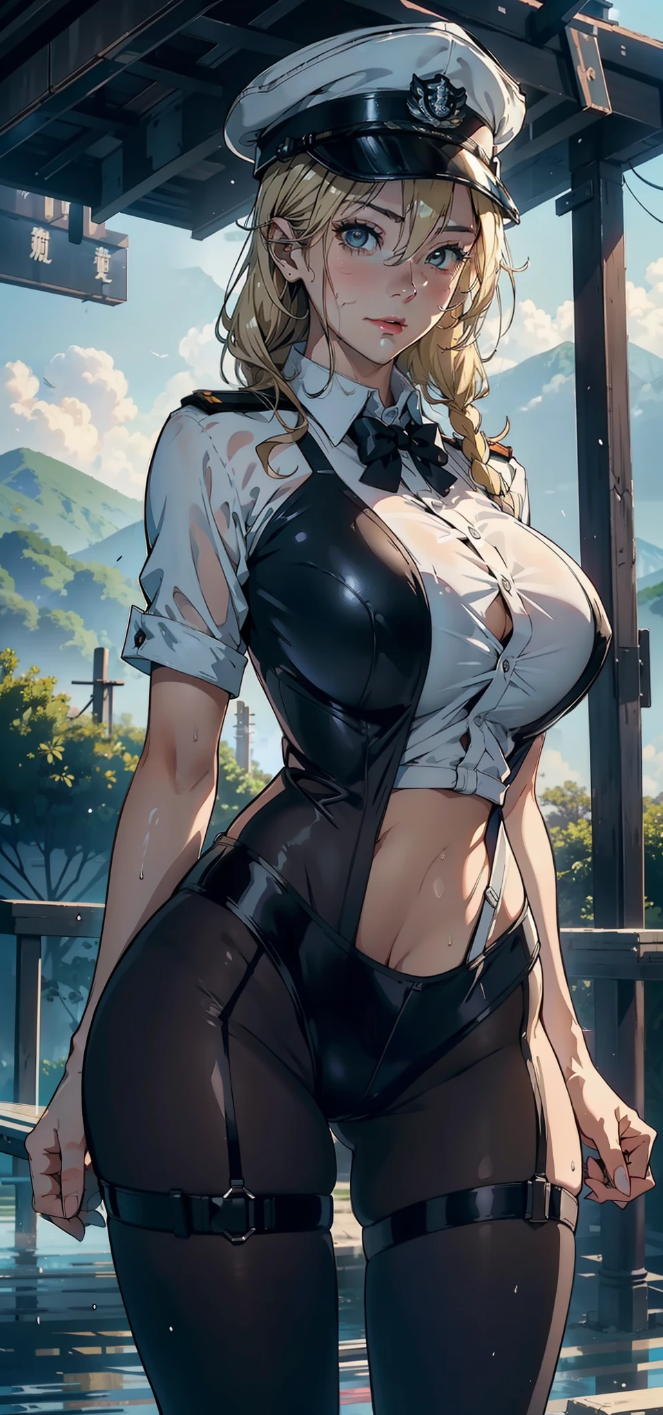 1female，35yo，huge-breasted，long leges，Pornographic exposure， 独奏，（Background with：hilltop，the rainforest，in summer，Standing water on the ground，exteriors） Feel free to hairstyle，Stride，Sweat profusely，drenched all over the body，seen from the front，Long blonde hair ， mostly cloudy sky，（（（tmasterpiece），（Very detailed CG unity 8K wallpaper），best qualtiy，cinmatic lighting，detailed back ground，beatiful detailed eyes，Bright pupils，（Very fine and beautiful），（Beautiful and detailed eye description），ultra - detailed，tmasterpiece，）），face to the viewer，frontage，A high resolution，ultra - detailed）nakeness，Wipe off panties，revealing breasts，Bare genitalia， Bulge，Camel toes，Raised sexy，Lewd expression，Flushed complexion，Open-mouthed，frontage，military officer，military hat，（Wearing：White transparent shirt，a black bowtie）ssmile，cyber punk style