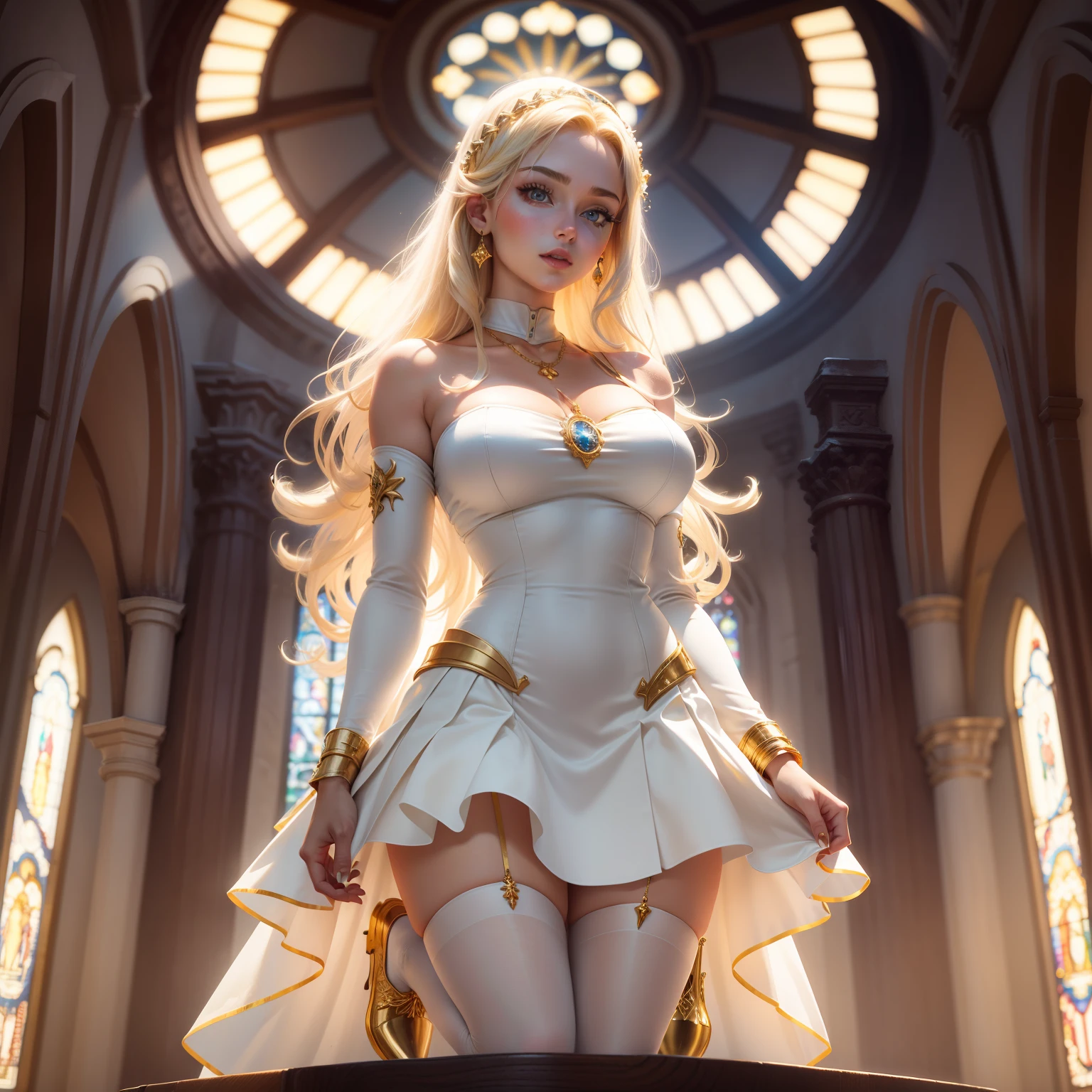 saintess,Put hands together andpray,holy rays,Resplendent,church background,Female!,One guy,Face idols,blingbling,big breasts beautiful,cabellos largos dorados,a white long skirt,Yellow gold gemstone necklace,Pearl bracelet,Golden wrist,white stockings,Golden Boot,The clothes have gold stripes,Cartoony,full bodyesbian,18 years old,Pure