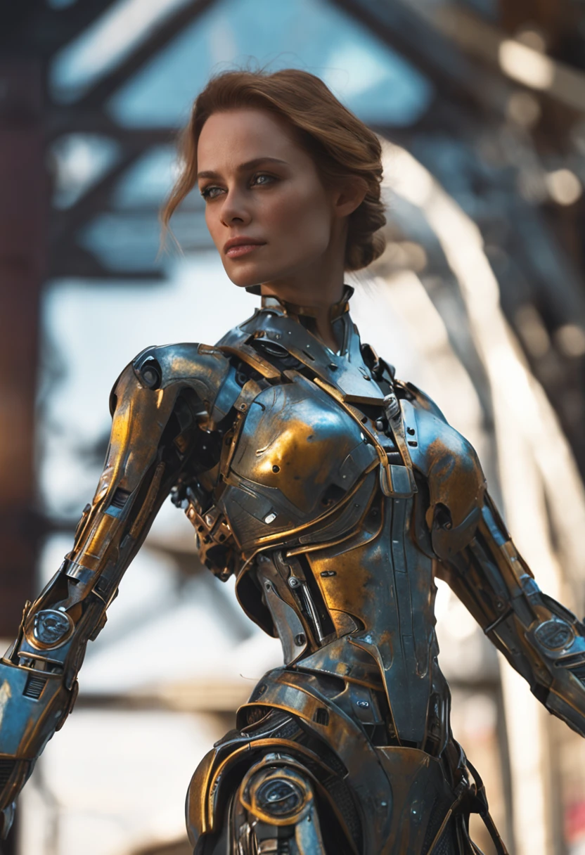 Beautiful woman in metal clad android、(8K、Raw photography、top-quality、​masterpiece:1.2)、(realisitic、photoRealstic:1.37)、