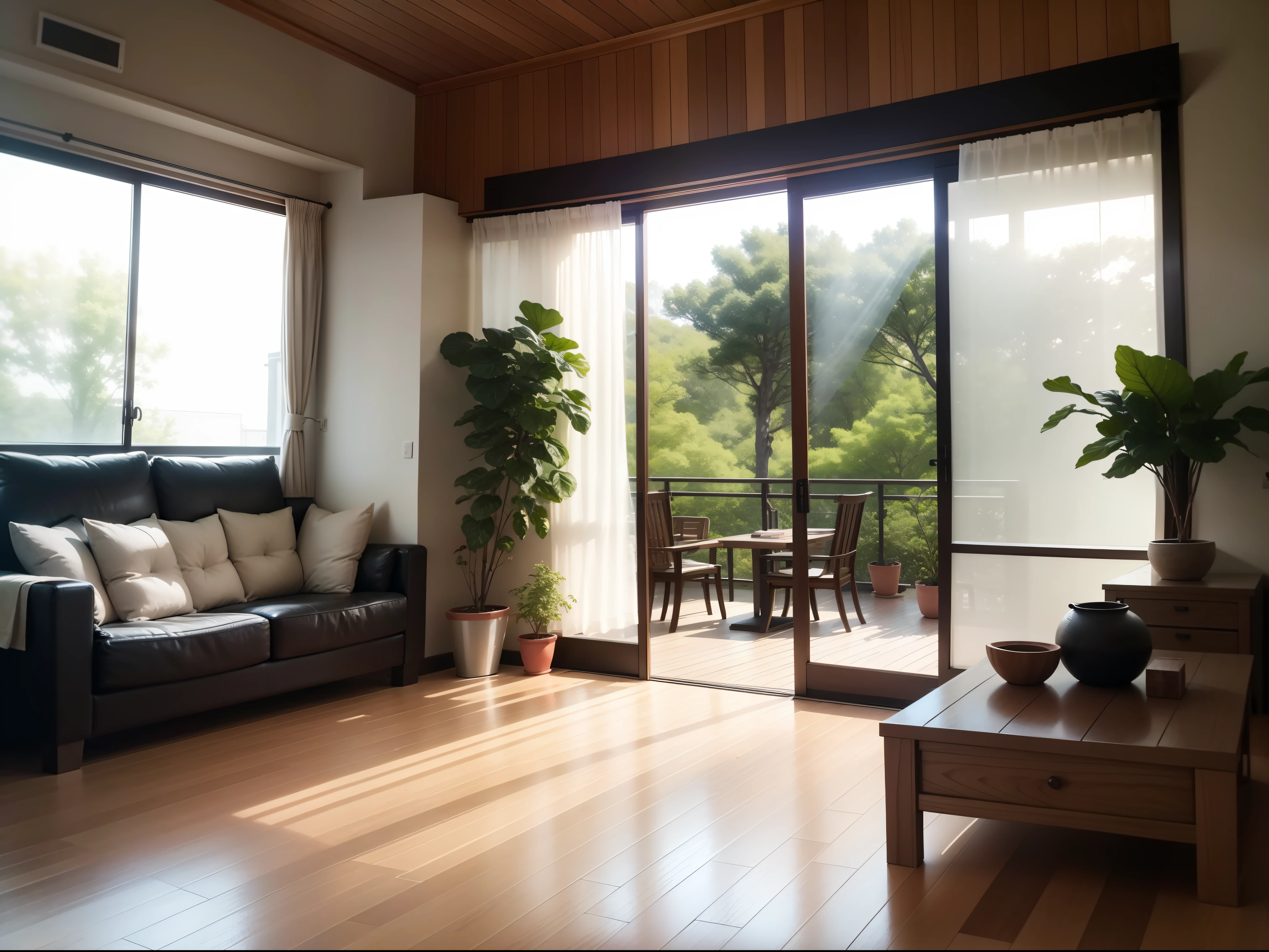 interior design、Insanely detailed wide-angle architectural photo、Cozy contemporary living room、(Bright and warm sunlight 1:0.1)、Award-winning contemporary interior design、landscapes、The table、a chair、in a house、Wooden flooring、window、resturant、east asian east asian architecture、sliding paper doors、abajour、architectural、the woods、naturey、cups、a plant、interior design、Insert lighting and shadows、depth of fields、low illuminance