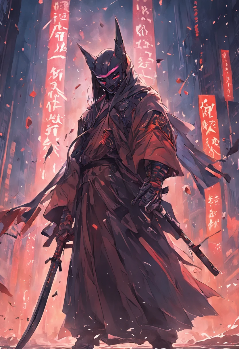 One guy、Katana in hand,The katana reflection is very realistic,His cloak covered his face,His hand was on the hilt,Body precursor,There are a lot of enemies around,The atmosphere was very tense,extremy detailed, realistic raytraicing, Epic composition, (Complicated details), (Complex design, Hyper-detailing:1.2), art stations, (tmasterpiece, best qualtiy), hyper HD, 32K --v6