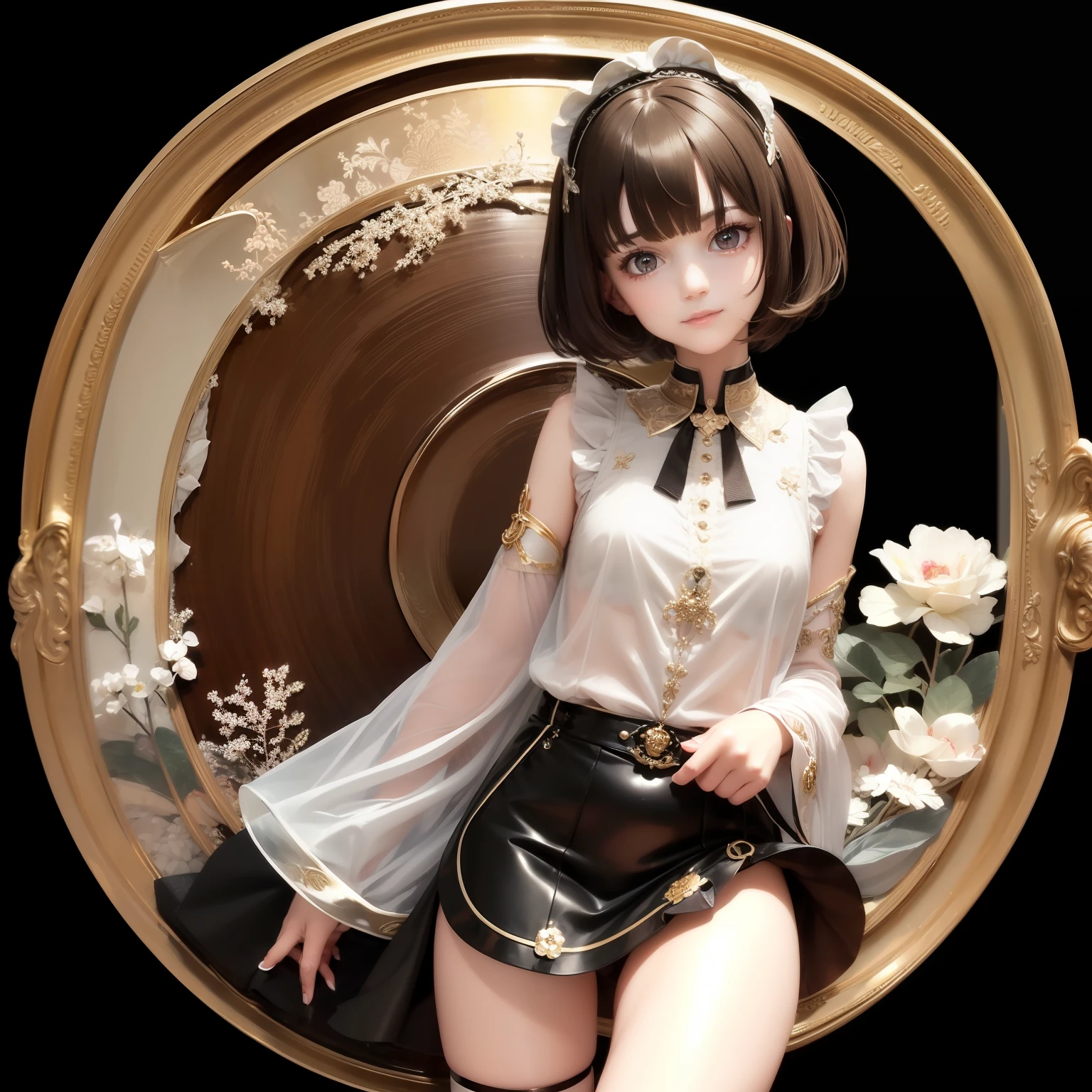 (masterpiece:1.3),(best quality:1.4),ultra high res,(detailed eyes),(detailed facial features),(detailed clothes features),HDR,8k resolution, solo focus, bangs, skin tight, (shiny skin),(slender girl),dreamlike,
(extreme detailed illustration),check commentary,commentary request,scenery,no text,
VirtualGirl-Rin, happy, smile, (small breasts), bangs, bob hair, short hair, brown hair, brown eyes, black choker,
1girl, (solo),
sexy Maid, Maid hair band,Maid dress,Maid apron,Maid skirt,Maid stockings,black leather shoes,