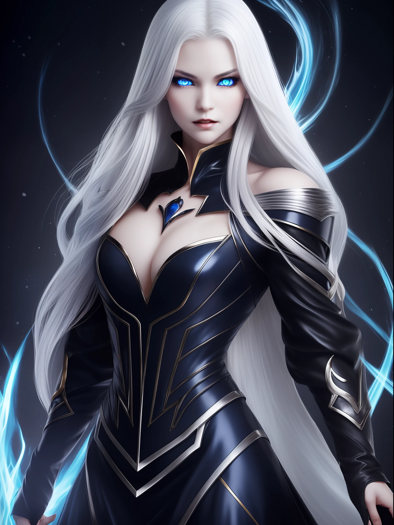 (Vampire、(Fair skin)、(Snow-white skin)、Silver hair long hair、(Blue glowing eyes)、Blue Pupils、Golden Eyes、ruthless look、Jet black dress、Beautiful figure、Perfect Style)、blue flames