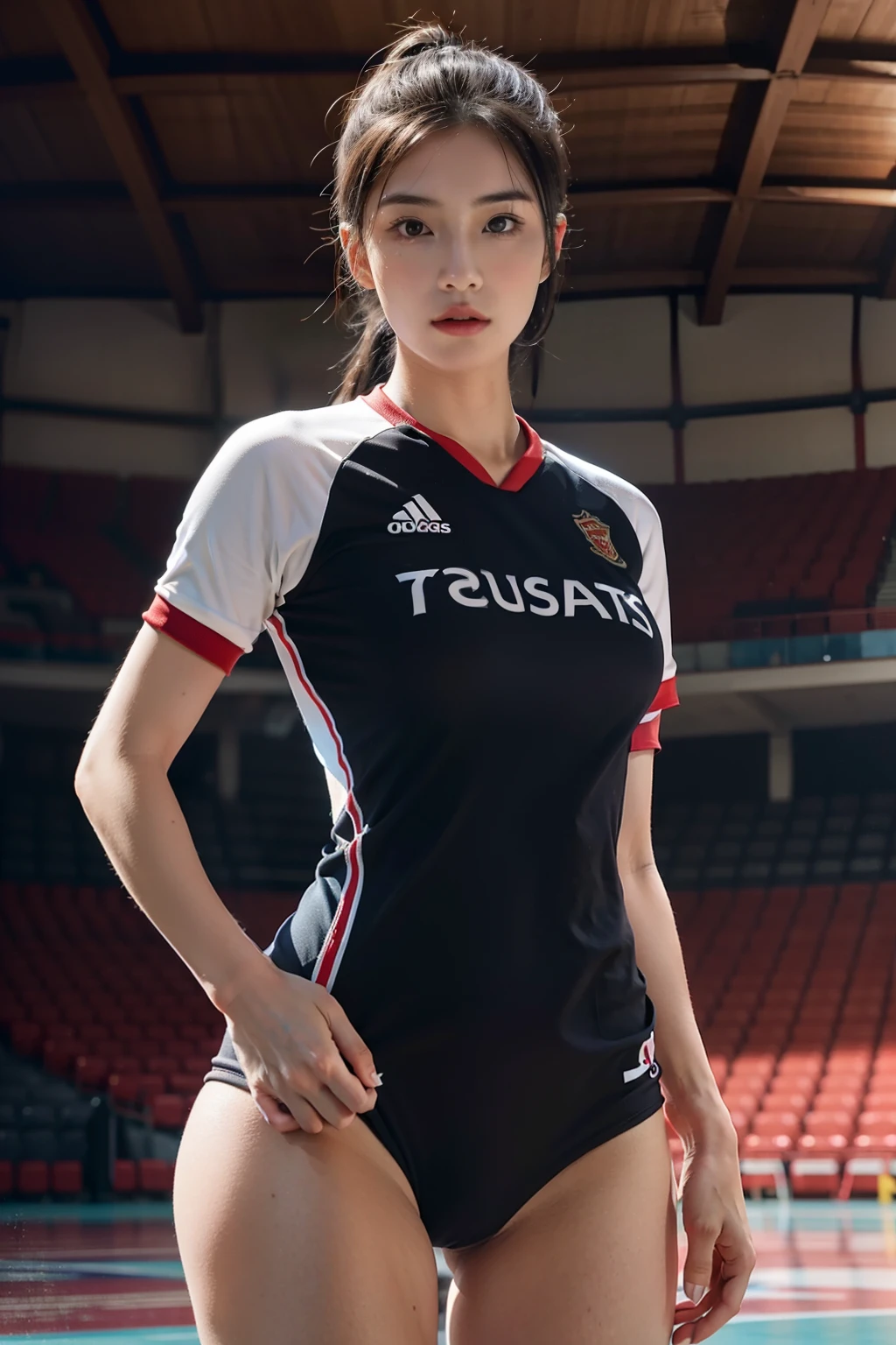 ((tmasterpiece, best qualtiy)),A highly detailed,8K,realistic focus,Complicated details,a big breast chinese girl,Female volleyball player,Volleyball uniform,(((Wearing the number 9 shirt))),over knee socks,(((Indoor arena background))),Tall guy,long leges,pony tails,Cocked buttocks,(((little breast))),tit,revealing breasts,See the breasts,See the nipple,Robust body,Sexy and robust,Detailed abs,Detailed muscle lines,teat,dynamicposes,Greasy body,sweating body,Normal body proportions,Normal face,Normal hands,frontage,fully body photo,tall image,Look from the bottom up,look from down,