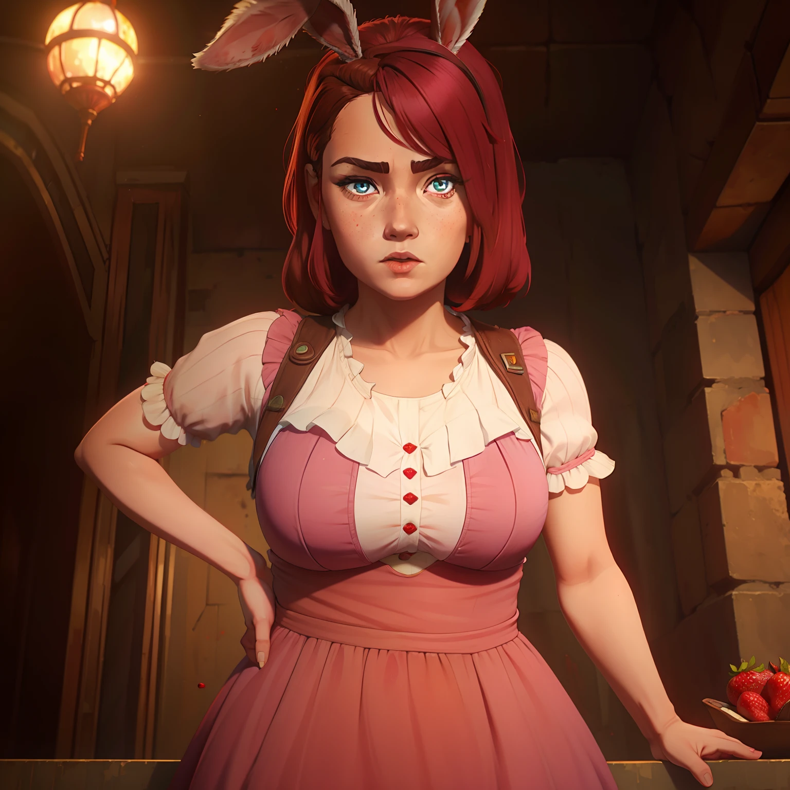 Short chubby young adult female with heterochromia one amber eye, one blue eye, wearing pink dress with strawberries on it, has flowing brown hair, has bunny ears, solo, alone