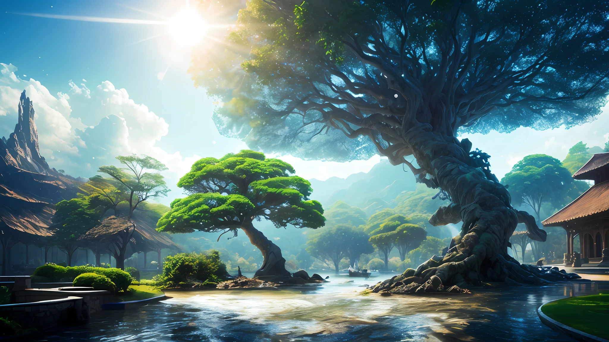 obra prima、melhor qualidade、alta qualidade、Highly detailed CG Unity 8k wallpapers、Surreal giant tree、water splashing、Reflexo da lente、grandes nuvens、ultra-detalhado、MTFG、florescer、um fotorrealista、ultra-detalhado、Grandes rios、