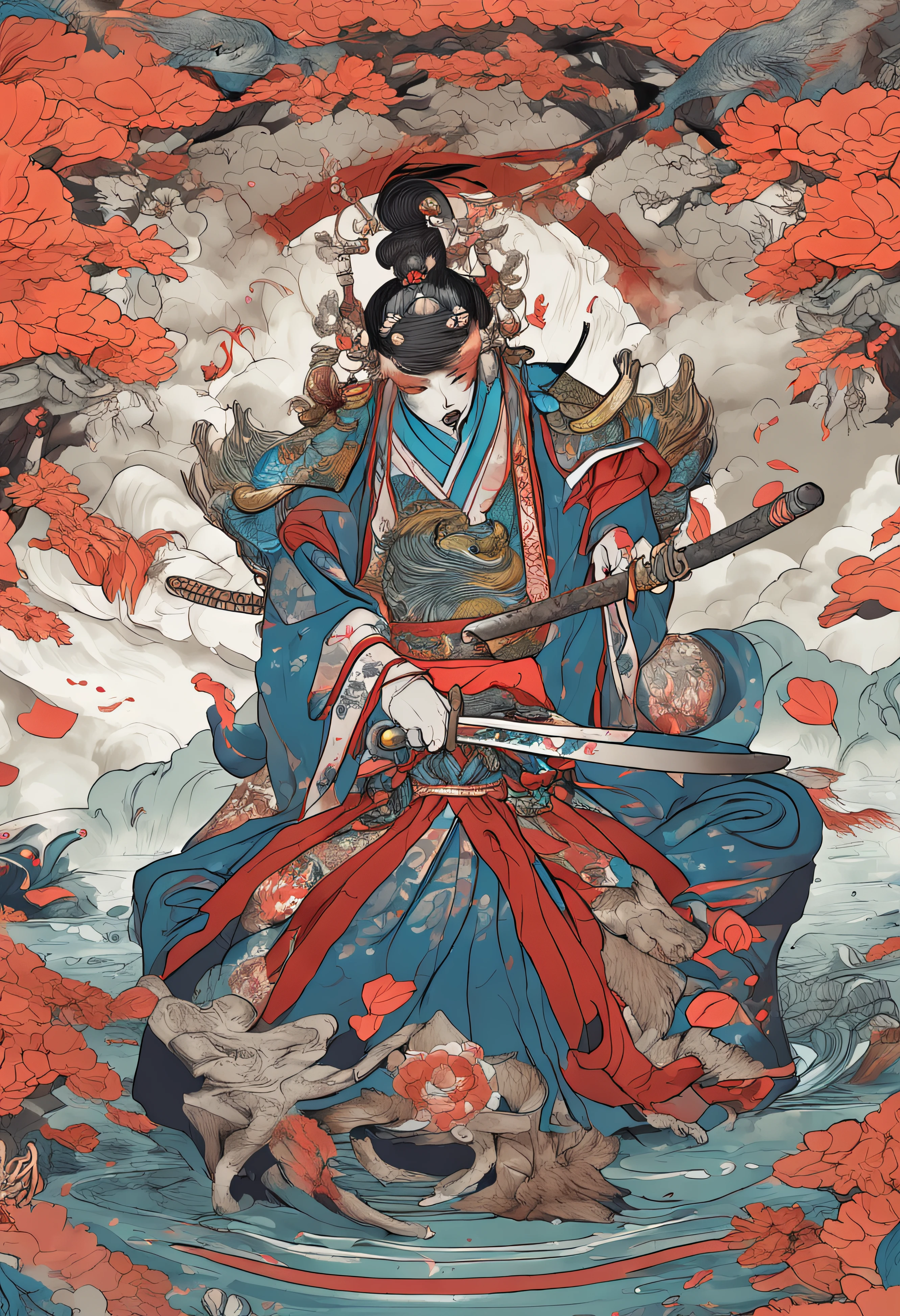 I want to draw a peacock Ming King。, Ming King of Buddhism, With a touch like an old samurai。Surrounded by flames、Mostly covered with human parts。I have a sword in my hand to break disturbing emotions。