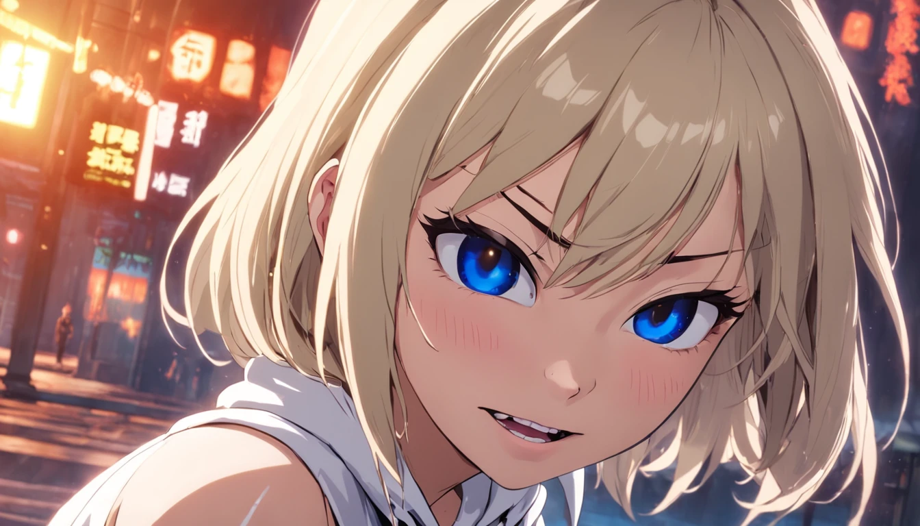 {{masterpiece}}, {best quality}, {cinematic lighting}, highres, {illustration}, ((beautiful detailed eyes)), (gwen stacy , spiderwomen)(beautiful detailed face){1girl}, solo, short_hair, ((sidecut)), ((leaning forward)), blue eyes, (asymmetrical hair), blonde_hair, parted lips, looking at viewer, white bikini, white hoodie, hood_down, big_breasts, cowboy_shot, smile, protruding tongue, open mouth, boobs pressing, honry smile