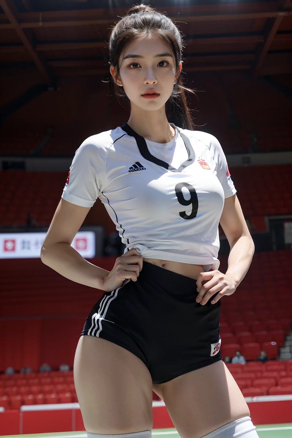 ((tmasterpiece, best qualtiy)),A highly detailed,8K,realistic focus,Complicated details,A Chinese female volleyball player,(((Wearing the number 9 shirt))),Superskirt,over knee socks,(((Indoor arena background))),Tall guy,long leges,pony tails,Cocked buttocks,(((little breast))),tit,revealing breasts,See the breasts,See the nipple,Robust body,Sexy and robust,Detailed abs,Detailed muscle lines,teat,dynamicposes,Greasy body,sweating body,Normal body proportions,Normal face,Normal hands,frontage,fully body photo,tall image,Look from the bottom up,look from down,