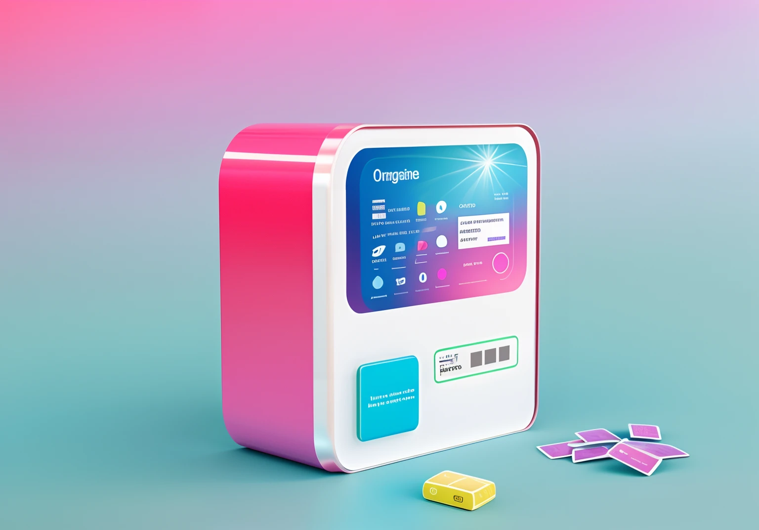Close-up of pregnancy test stick with display，For example，Elements of a pregnancy test，vending machines，sci-fi vending machine，3D product render，Some are more specific, Descriptive scenarios may appear on the computer，por exemplo, Someone went to the vending machine and bought a pregnancy test stick to go back，or describe the purchase，Some combinations of foil scene elements， Product rendering，Stylistic references attract attention，applied，Represents health，Safety，Elements with a strong visual sense，There are reasonable ones on the fuselage, For example, Someone goes，Buy contact lenses, etc，The overall color is mainly blue and pink，Color distribution is 50 each%,Wish there were more elements，A little diversified，Fewer colors，No portraits