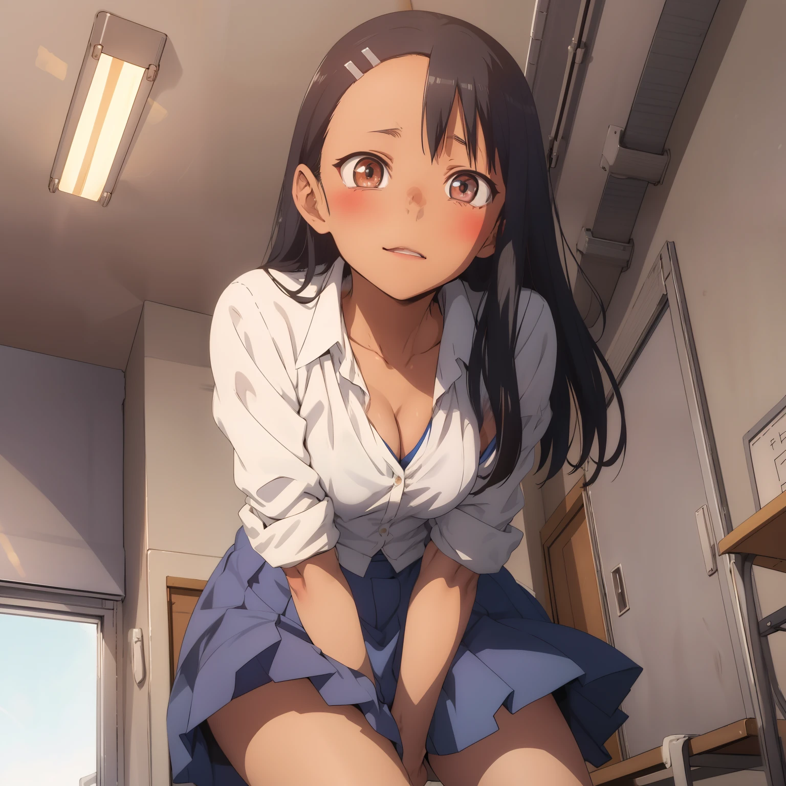 nagatoro hayase, blue skirt, cleavage, small breasts, (from below:1.2), blush, best quality, masterpiece, perfect lighting, arms behind back,