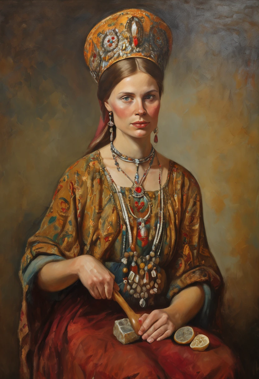 hyperdetalized and high-quality image, A young woman of beautiful Slavic appearance, brown haired with gray eyes, straight nose profile, thin eyebrows, regular oval face, in a Russian costume with precious stones, gold jewelry on her neck, hands on her head and ears, full-length, holding cheese in her hand, standing against the background of the Ipatiev monastery of the city Kostroma is the cradle of the Romanov House, This photograph, taken with the Nikon D, gives the impression of serenity and peace, leaving you calm and relaxed