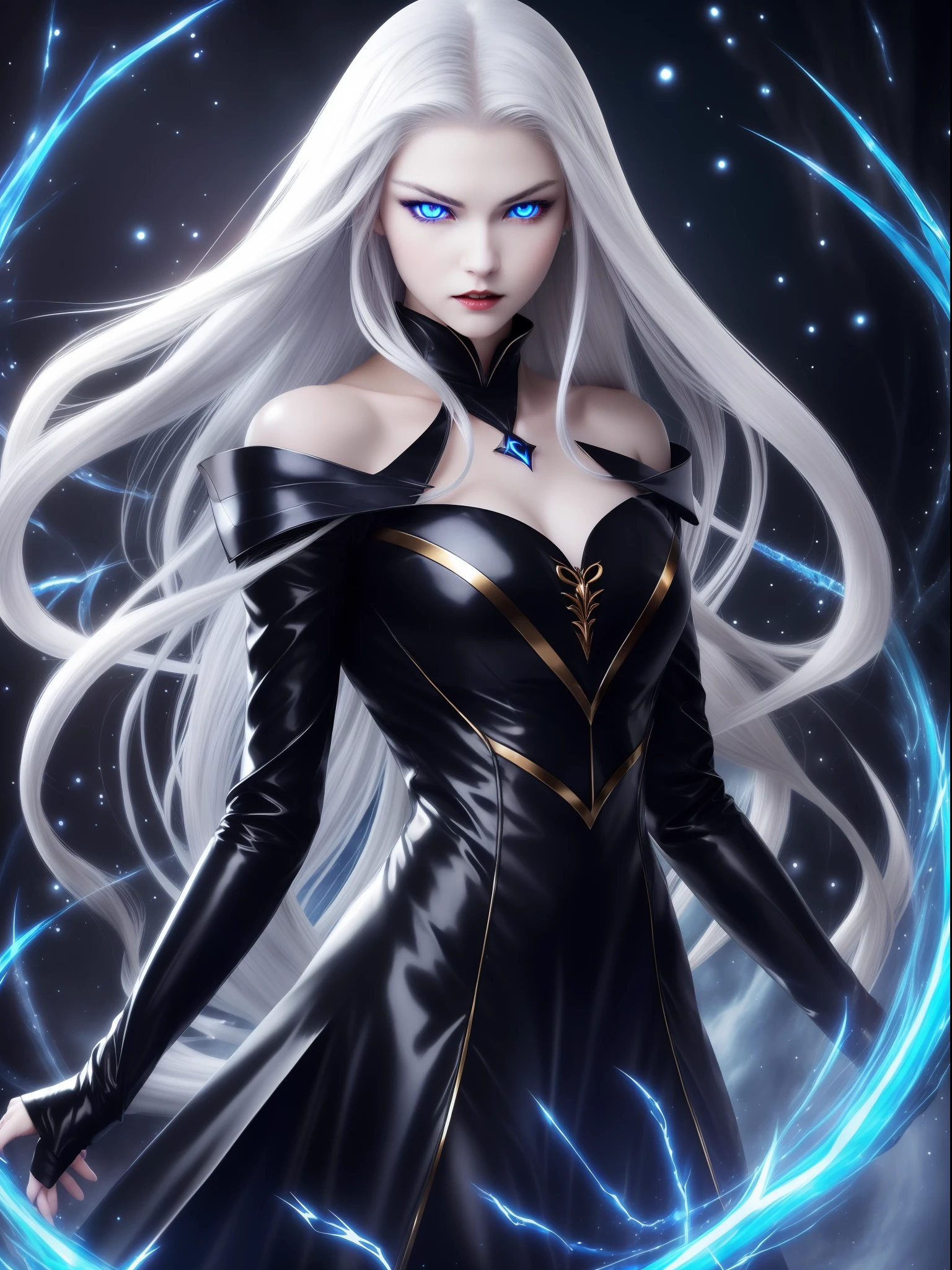 (Vampire、(Fair skin)、(Snow-white skin)、Silver hair long hair、(Blue glowing eyes)、Blue Pupils、Golden Eyes、ruthless look、Jet black dress、Beautiful figure、Perfect Style)、blue flames