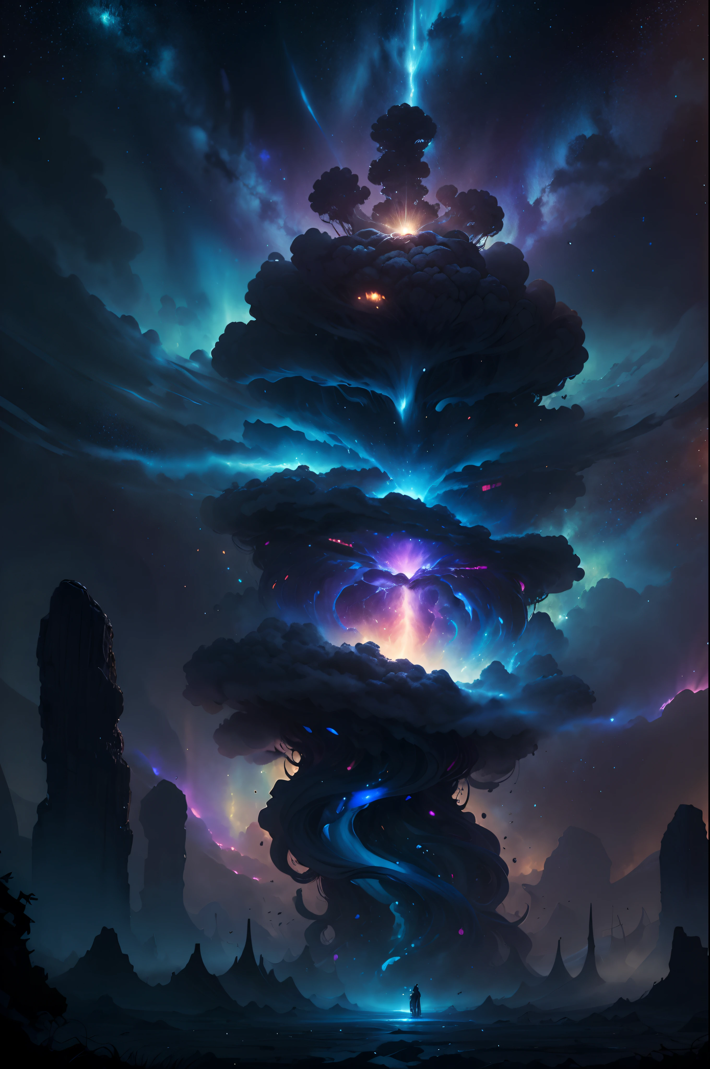 ((masterpiece, best quality)),illustration,ultra detailed 8k,photorealistic,sharp focus,highly detailed,professional lighting,colorful details,iridescent colors,ultrawide shot,deep and dark space, stars of different colours visible from very long distance, blackhole in centerview swirling around and sucking everything