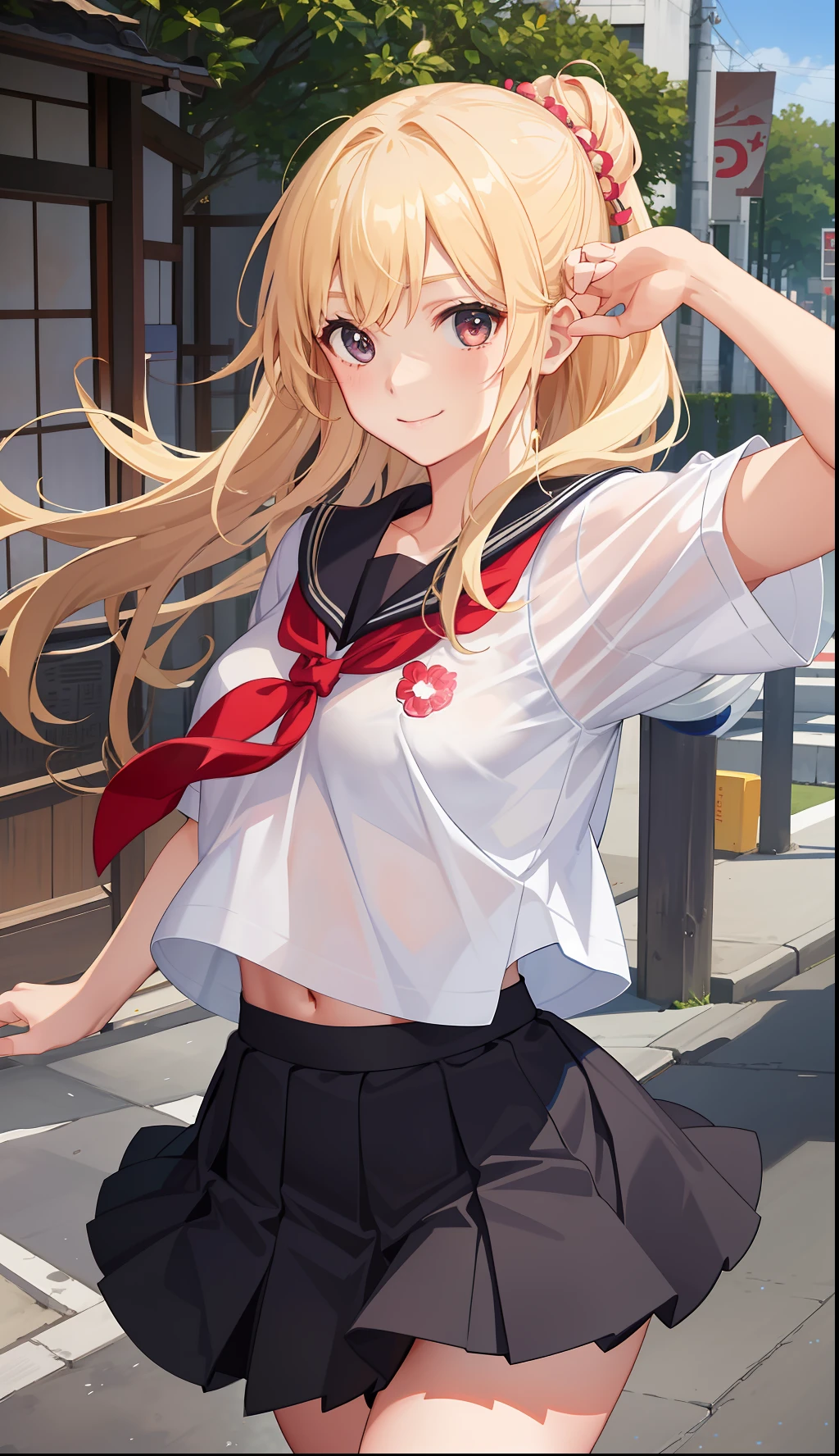 1girl in、A smile、The shirt、skirt by the、（small tits）Chilarism、Japan High School Student Uniform、serafuku、summer clothing、（Sheer Bra）、Upper body portrait、blonde  hair、Dynamism!!Running with the wind、